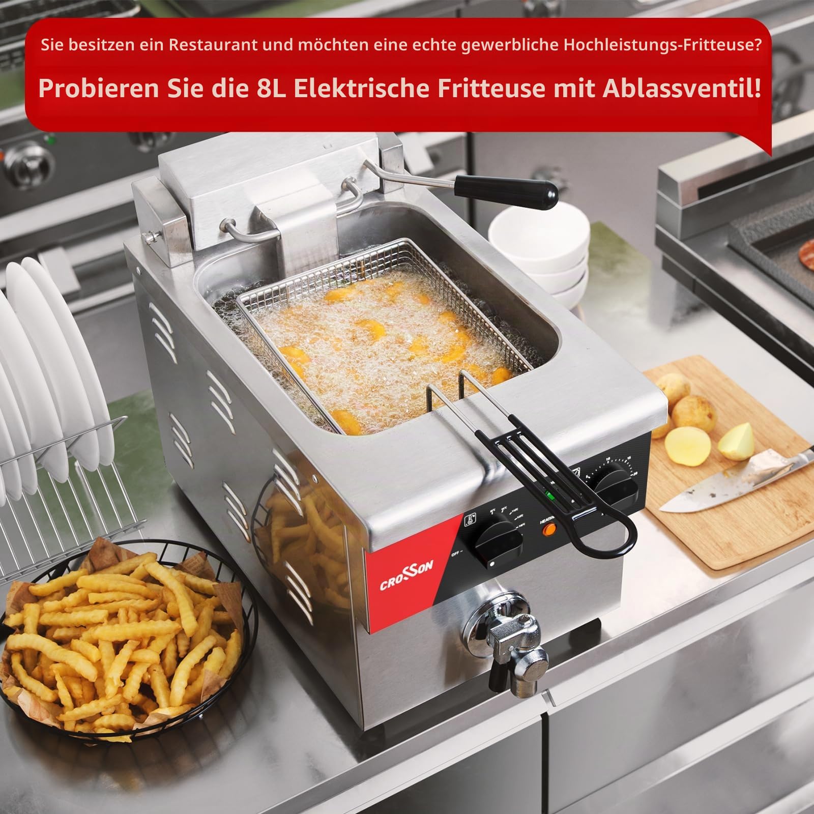 CROSSON Kommerzielle Elektrische Fritteuse 8 Liter,3250W Professionelle Elektrische Fritteuse aus Edelstahl mit ablaufhahn,Temperaturkontrolle 80-200°C für Hotel- und Gastronomieküchen