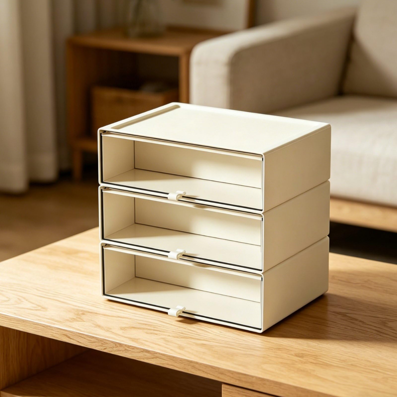 Desktop Aufbewahrungsbox Vitrine Schubladen Organizer Regal Rundumsicht für Figuren Und Deko Stabil Stapelbar Flexible Innenstruktur für Büro, Zwei Schichten Extra Groß + 2 Mittel