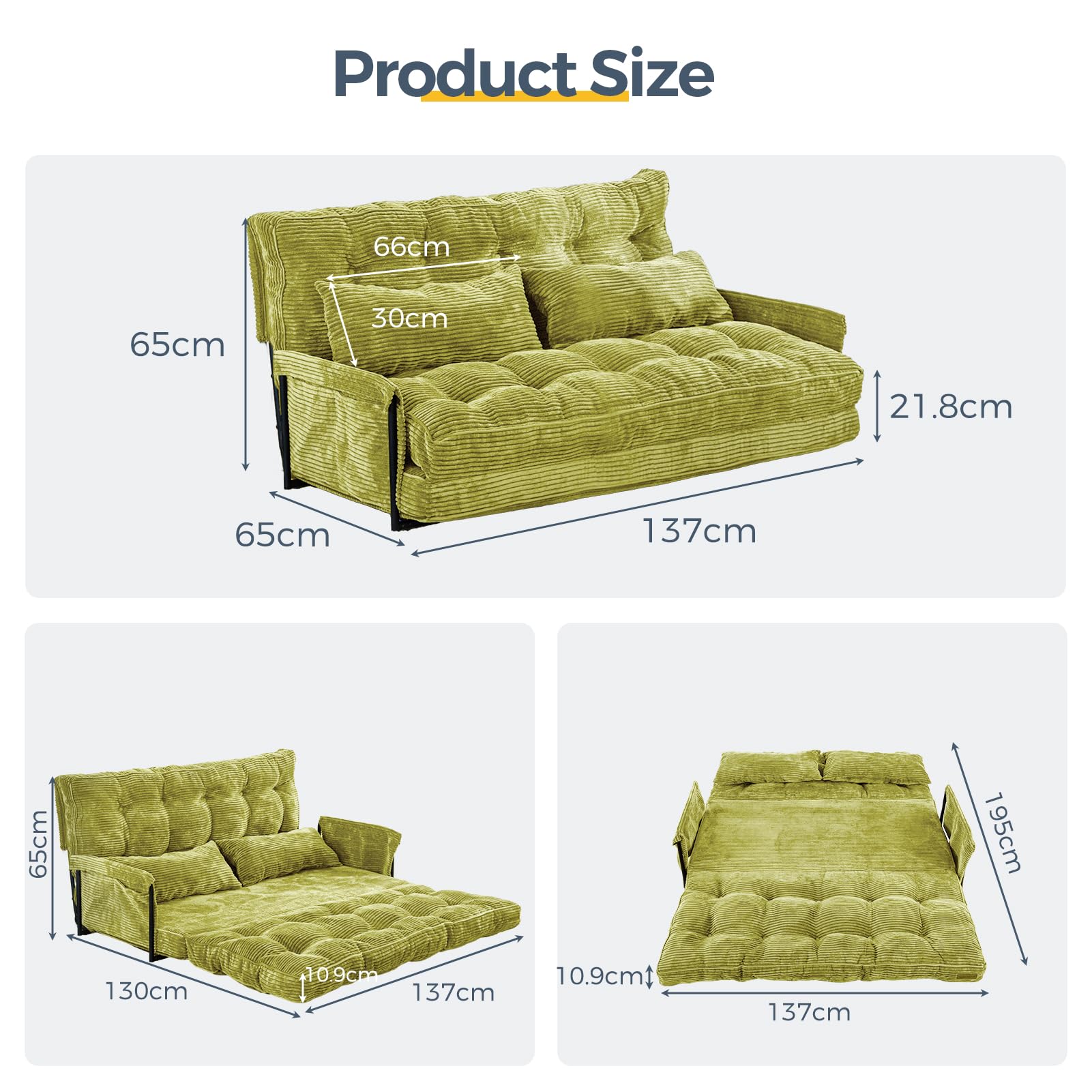 MAXYOYO Regulowana sofa rozkładana z 2 poduszkami, wielofunkcyjna sofa do spania, 5-pozycyjna rozkładana sofa z podłokietnikami, uniwersalne siedzisko do czytania