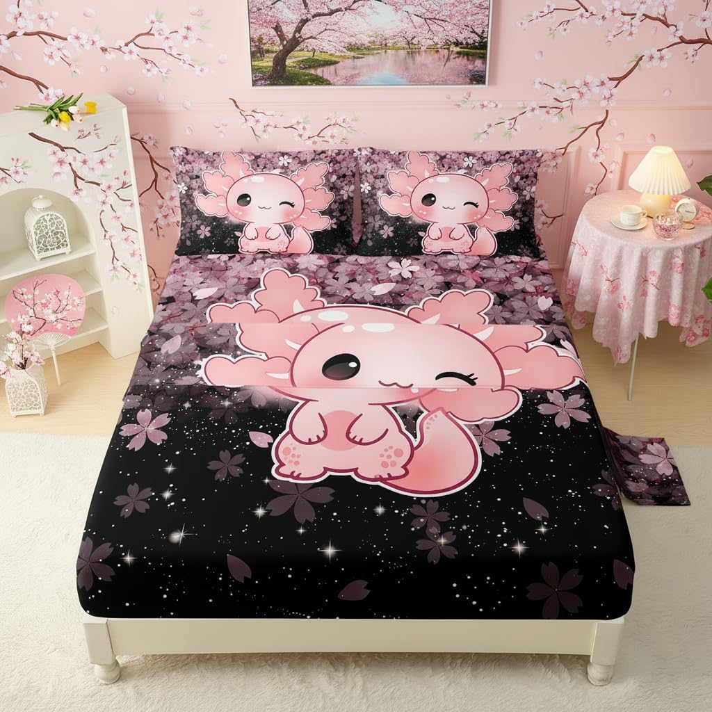 QOOMO Kawaii Axolotl Bedding for Boys and Girls Pink Queen Size