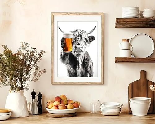 Miniatura 9 de KKP - Juego de 3 imágenes divertidas de vaca de las tierras altas de las tierras altas, cuadros de decoración de pared de barra de vaca blanca y