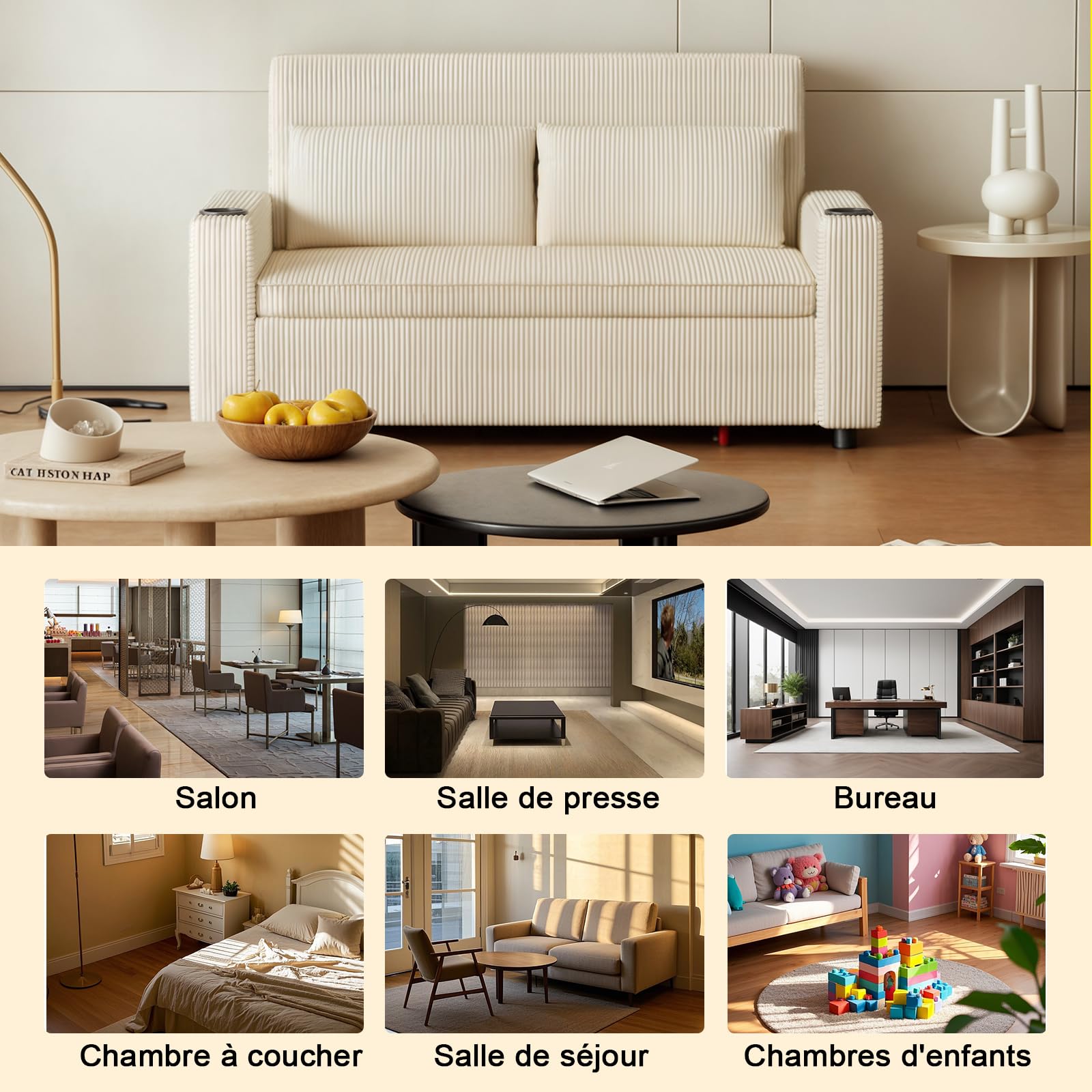 Devoko Petit Canapé Convertible 2 Places Canape avec Dossier réglable Canapé lit en Velours Causeuse de Salon Moderne, canapé déployé 160×190 cm, Beige