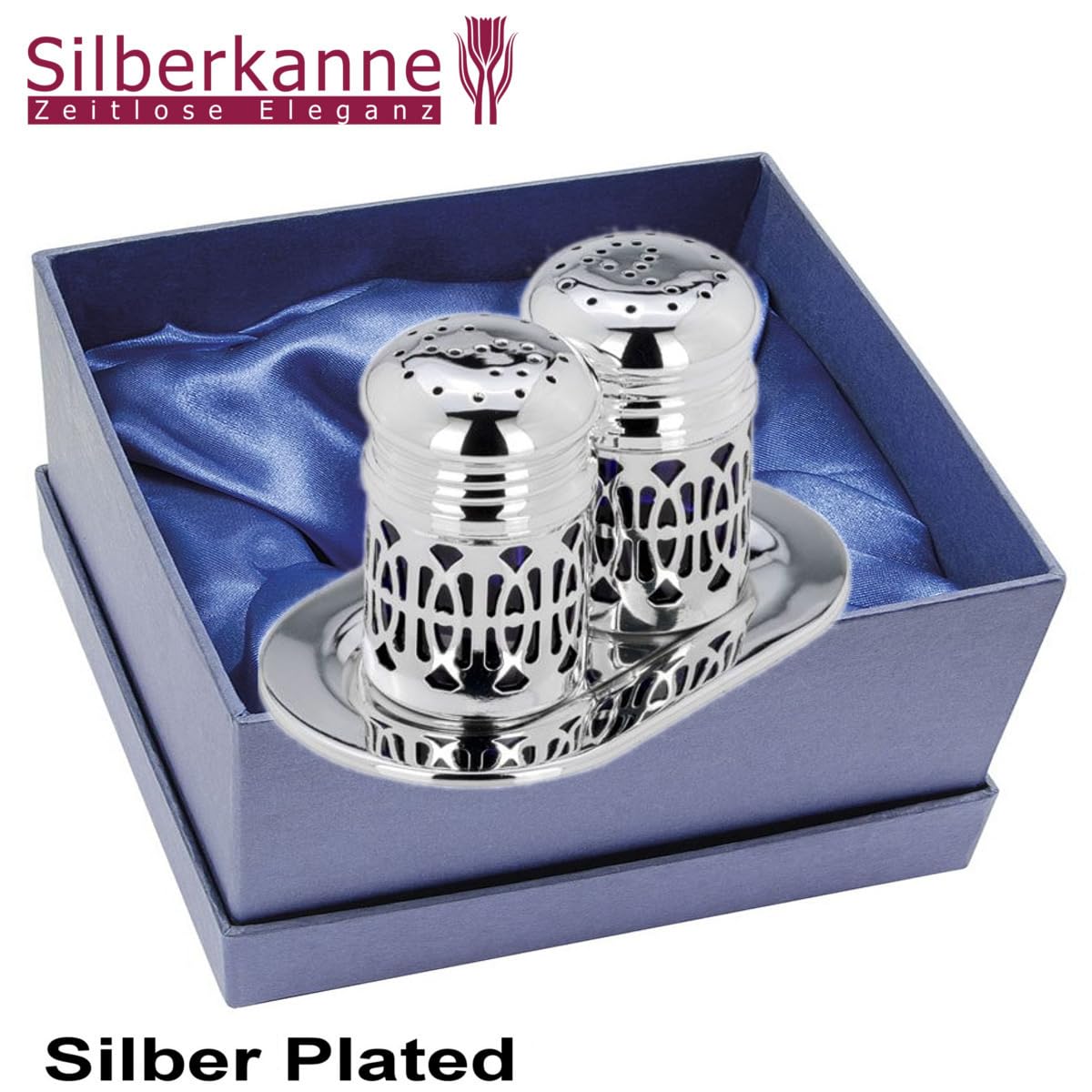 Par de esparcidores con bandeja ovalada higiénica de color azul, 12 cm, plata de primera calidad, chapado en plata