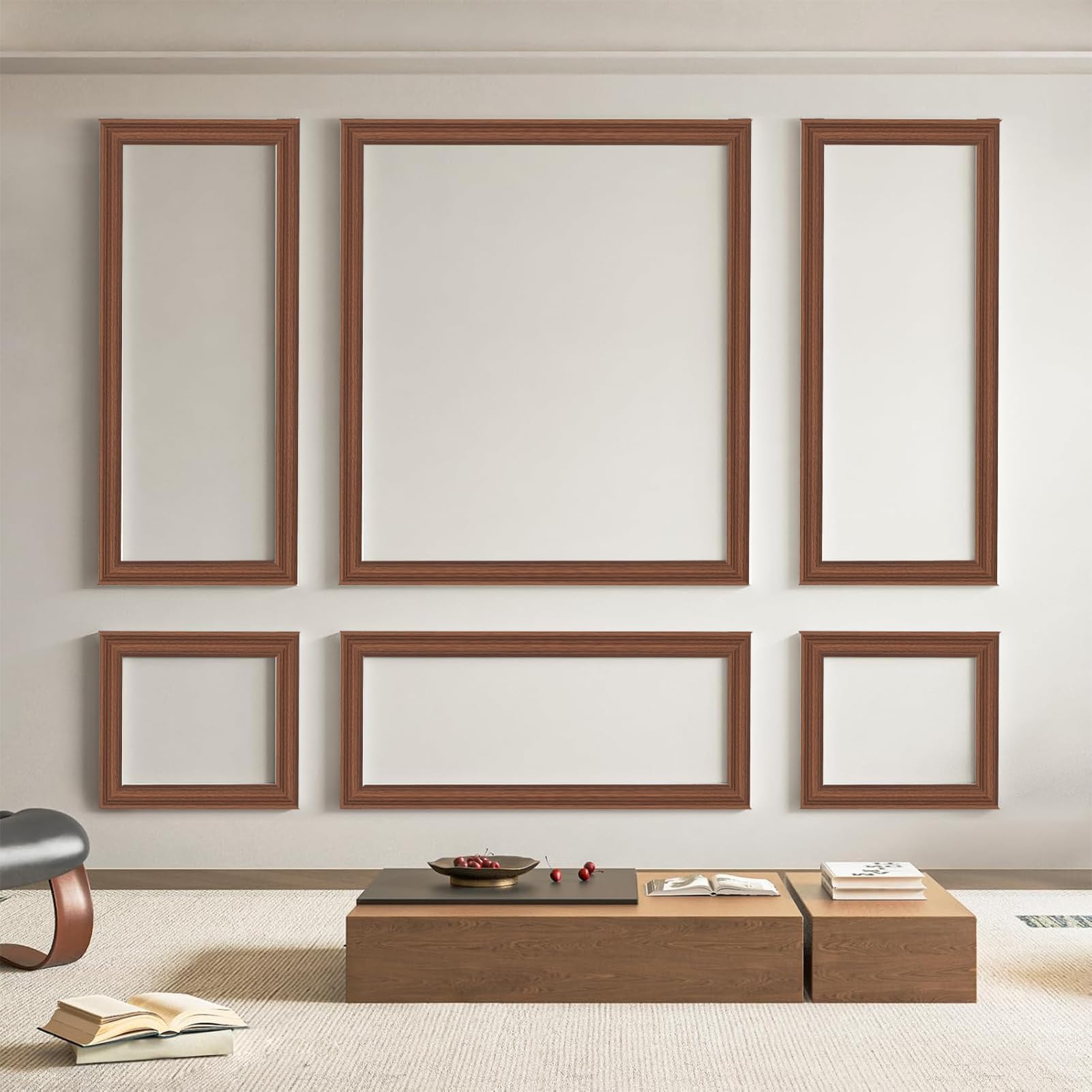 Art3d Pre-Cut Wall Molding Set of 6 pcs, Ready-to-Assemble Wainscoting Panels for Interior Wall Décor Living Room Bedroom Accent Wall - Installed with Glue, 3 Top 3 Bottom, Walnut