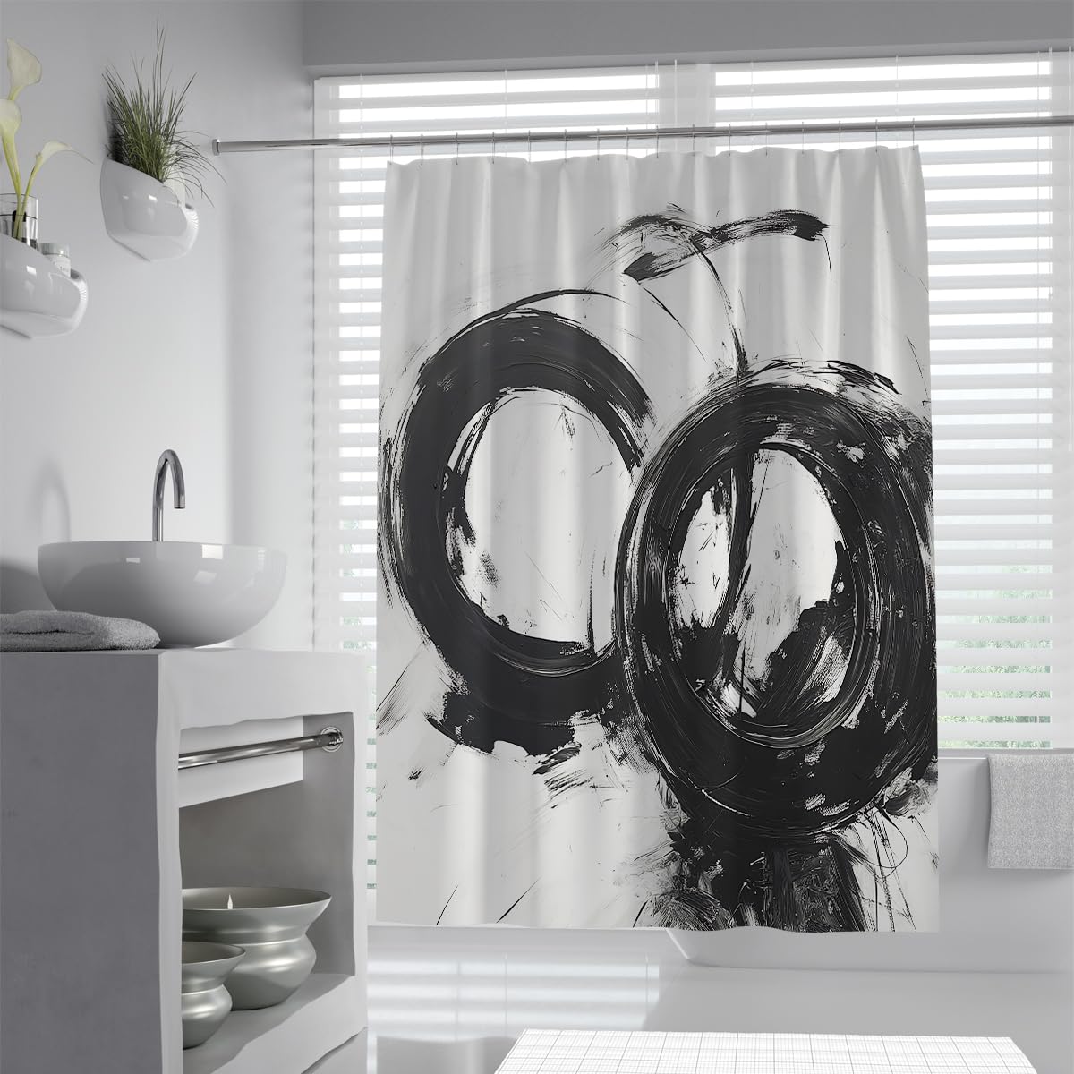 OLLIAR Home Abstract Neutral Bathroom Shower Curtain Black White Painting Minimalist Modern Contemporary Striped Waterproof Fabric Bathroom Decor 240x180cm