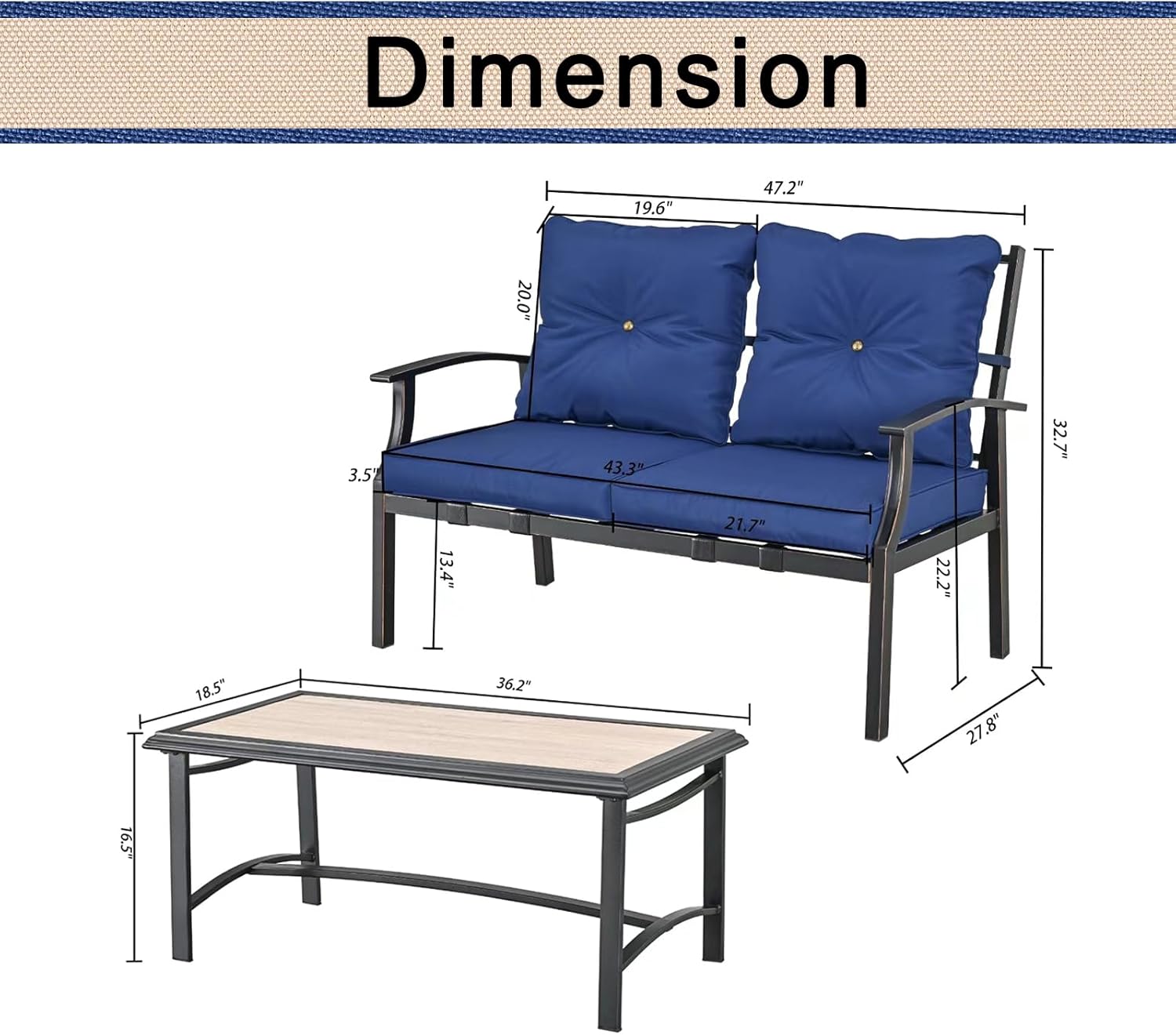 PatioFestival 2 Pieces Patio Loveseat with Coffee Table Outdoor Bench with Cushion,Patio Furniture Set for Garden, Balcony, Poolside(Bule)