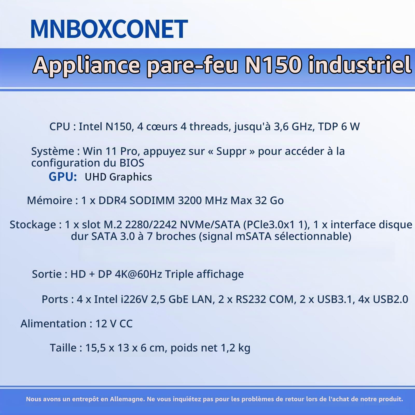 Fanless Mini PC N150 Firewall Appliance Industrial Micro Bureau, 4 x 2.5Gbit LAN + 2 RS232 COM, 8GB RAM 128GB NVME SSD, 6USB, Router/Home Computer Hardware, HD DP Dual Dispaly