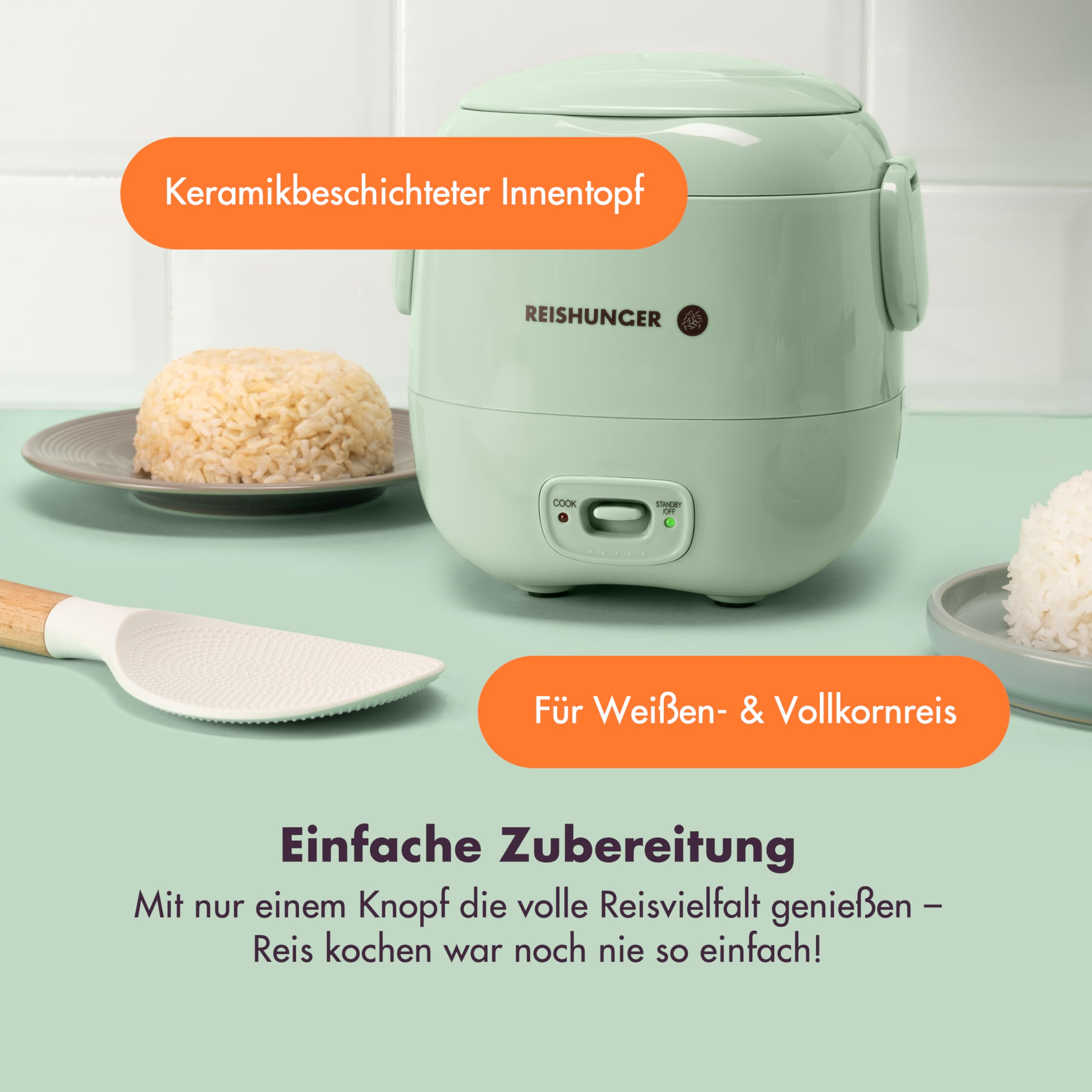 REISHUNGER Mini Reiskocher – 0,3L – 1-2 Portionen – Salbeigrün | hochwertige Keramikbeschichtung – Premium Topf – Handliche Größe für kleine Haushalte und unterwegs