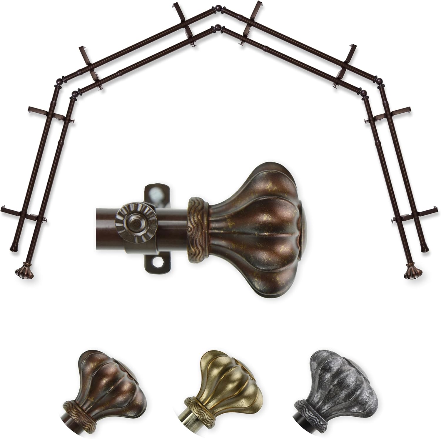 A&F Rod Décor - Earl 13/16" 4-Sided Double Bay Window Curtain Rod - Cocoa