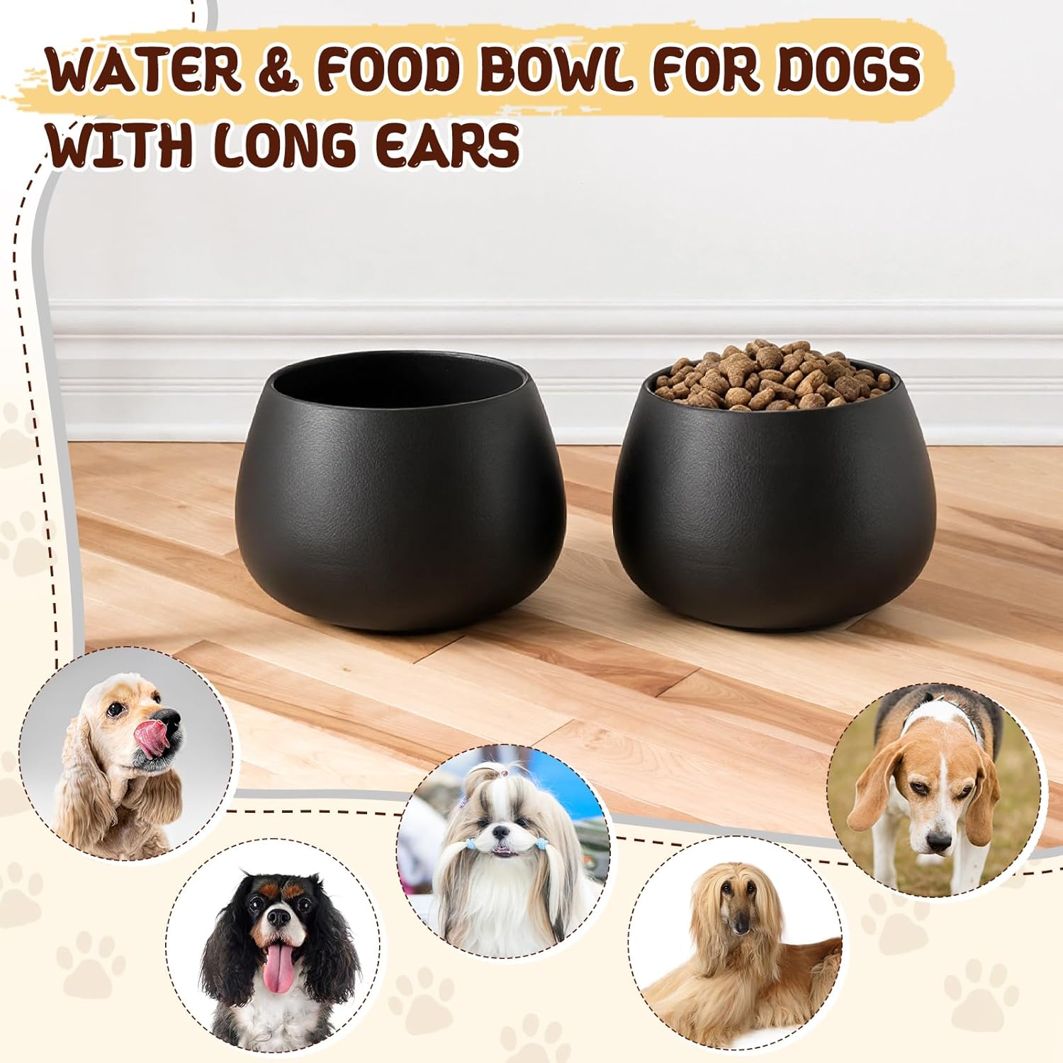 1 Pack 37 oz Ceramic Dog Bowl for Large Dogs with Long Ears No Spill Water & Food Pet Bowl Cocker Spaniel Beagle Bassett (Black)