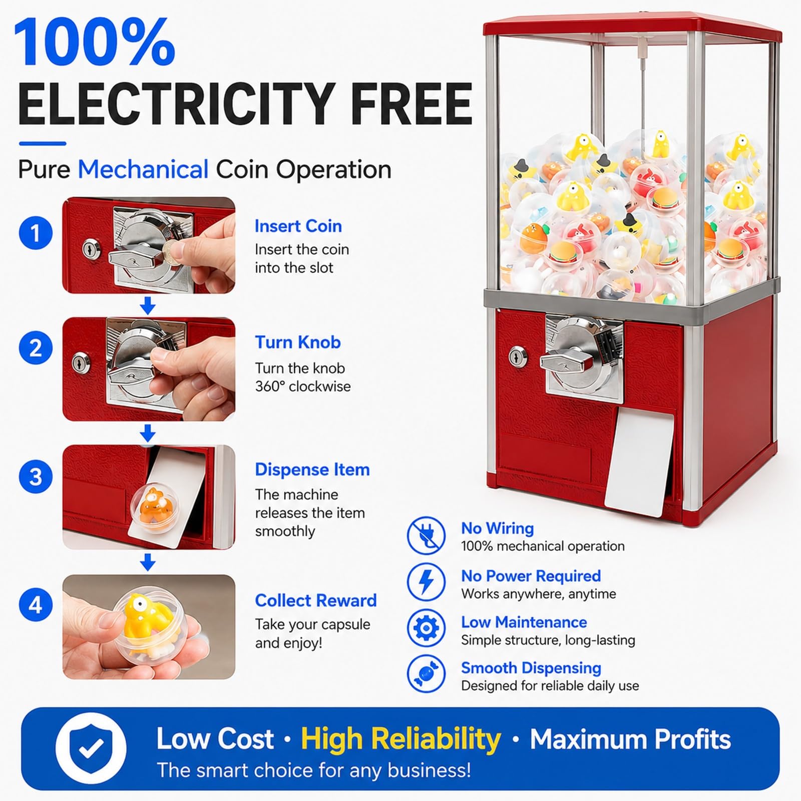 Distributore Automatico a Monete per Capsule, Vending Machine Commerciale con Capacità 200 Capsule e Cassaforte da 800 Monete, Dispenser Caramelle da Banco per Negozi Sale Giochi(Blue)