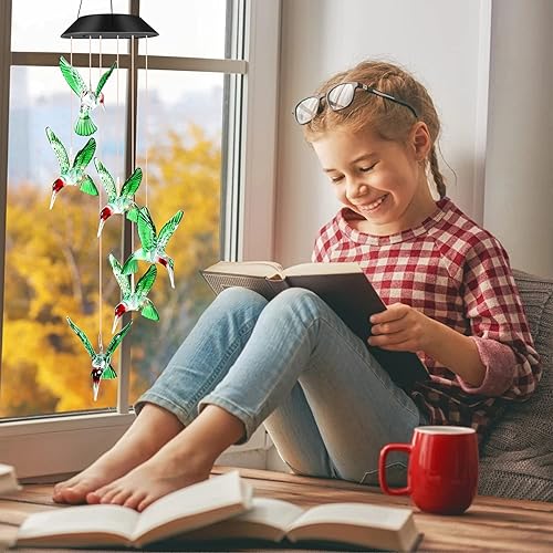 Vista 76 de JOBOSI Red Cap Green Colibrí Carillones de viento Regalos para mamá Carillones de viento Solares Colibríes Campanas de viento Brillantes Decoración