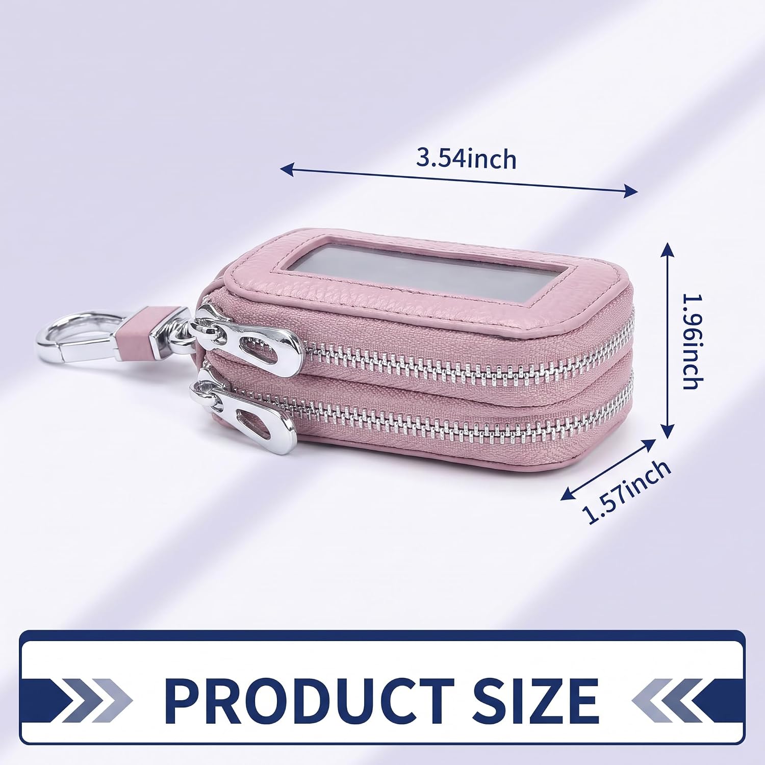 1 PC Car Key Case, Double-layer Leather Remote Key Fob Pouch with Zipper and Metal Hook, for Men Women Key Storage, Universal for Most Cars (Pink) image 2