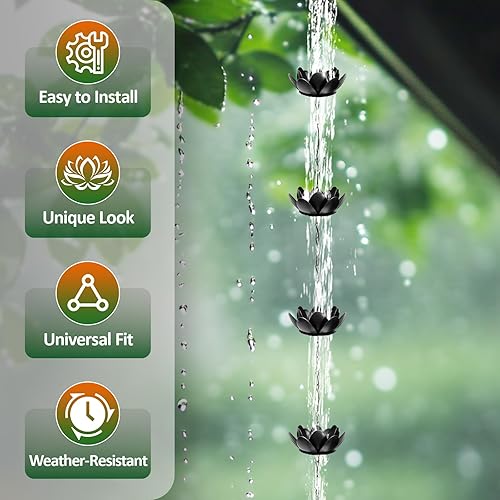 Miniatura 7 de Johaus Cadena de lluvia para canalones, cadena de lluvia de loto negro de 8.5 pies con 16 tazas y apertura de drenaje de 1 pulgada de ancho,