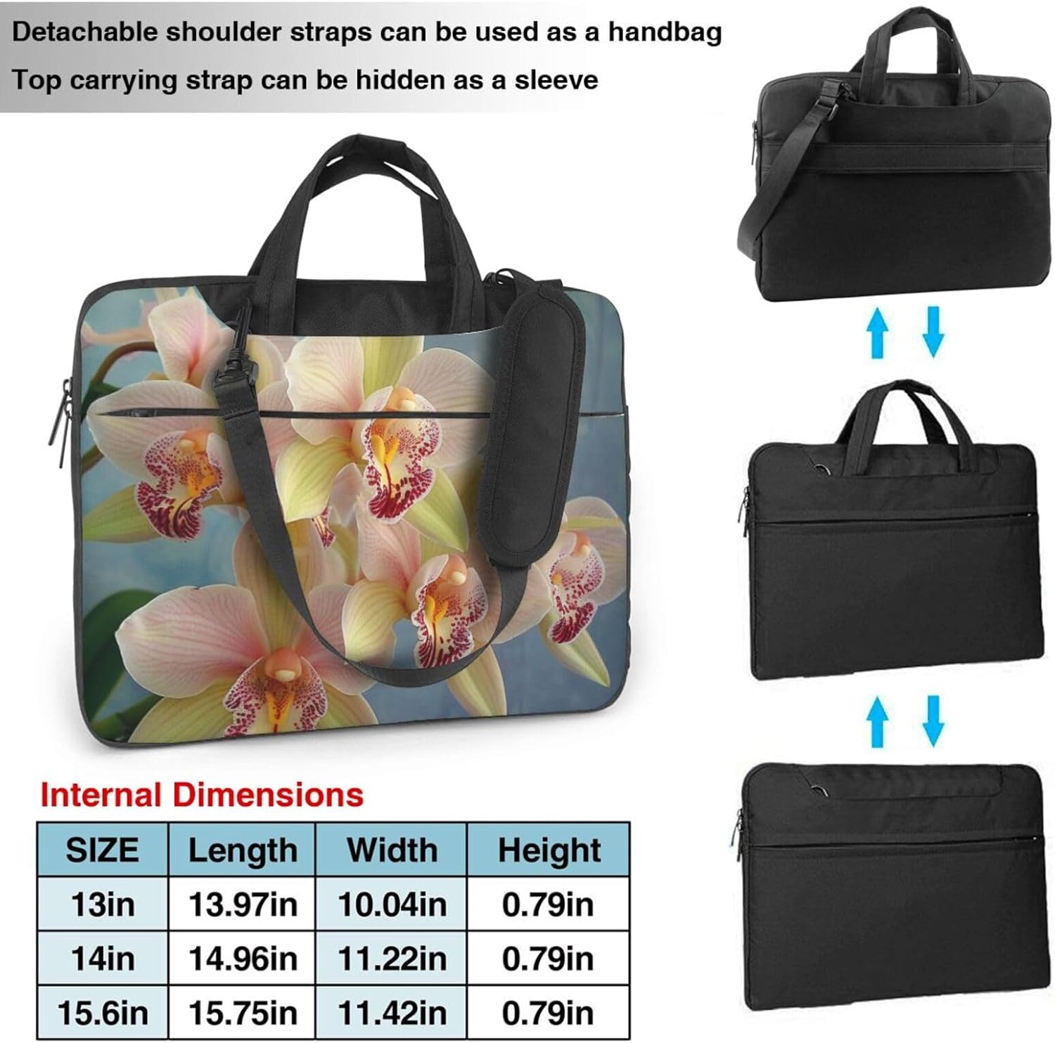 Orchids Printed Laptop Bag, Triple Layer Protection Shockproof Crossbody Laptop Shoulder Bag for Men and Women