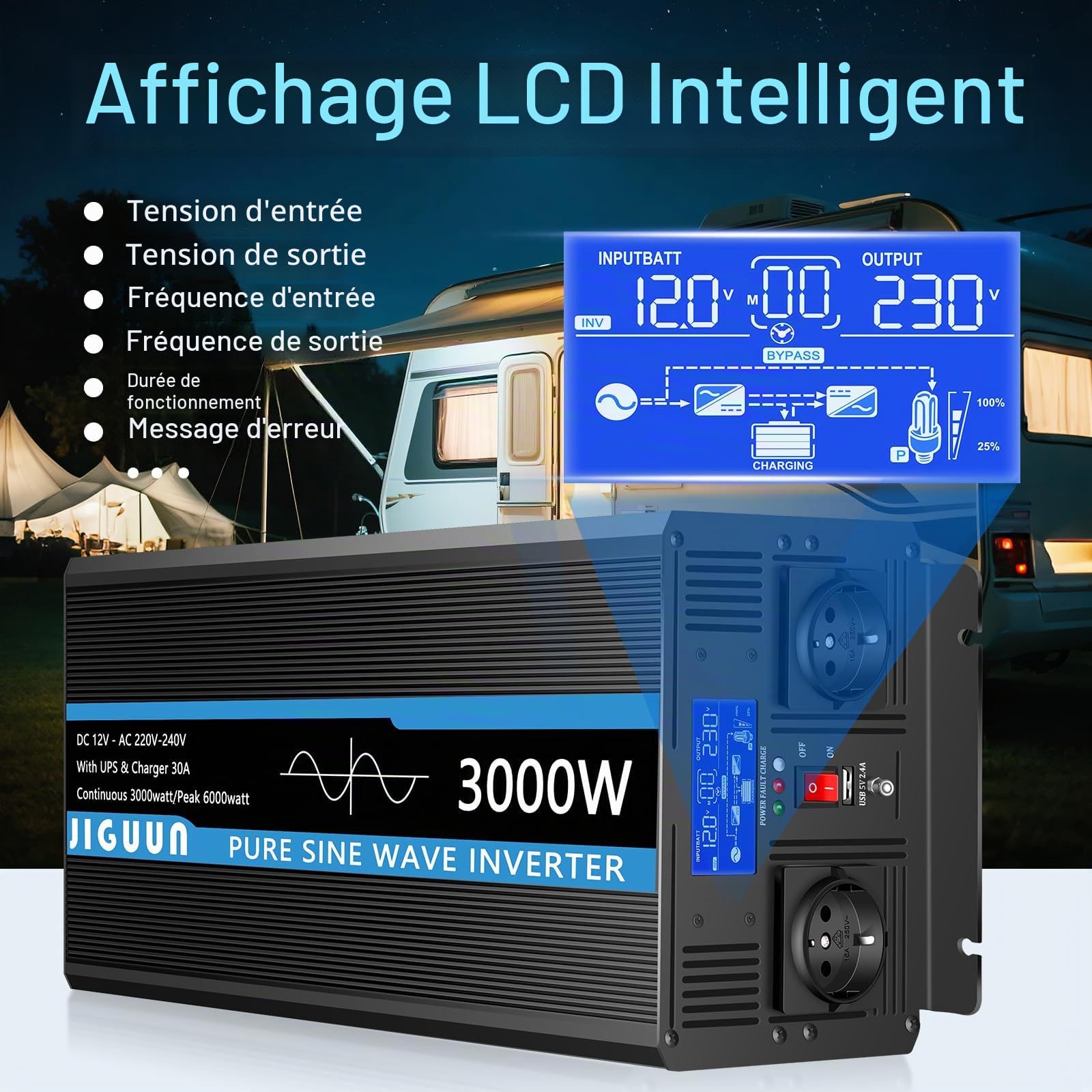 JIGUUN 3000W Convertisseur 12V 220V Pur Sinus | Chargeur 30A et Fonction priorité Secteur et ASI，2 Prises EU，Commande sans Fil et Affichage LCD Puissance de crête 6000W