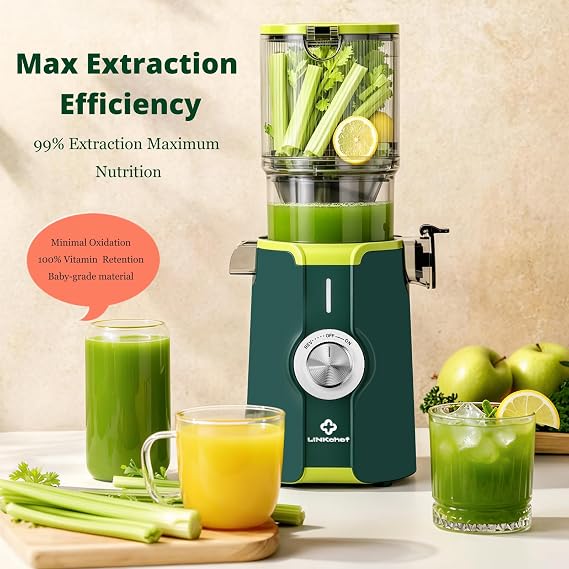LINKChef Cold Press Juicer Machine, 4.53 Whole Fruit Slow Masticating Juicer with Auto Cutting, 200W Quiet Motor & High Juice Yield, Easy Clean Compact Juicer Extractor with Recipe Guide, Green