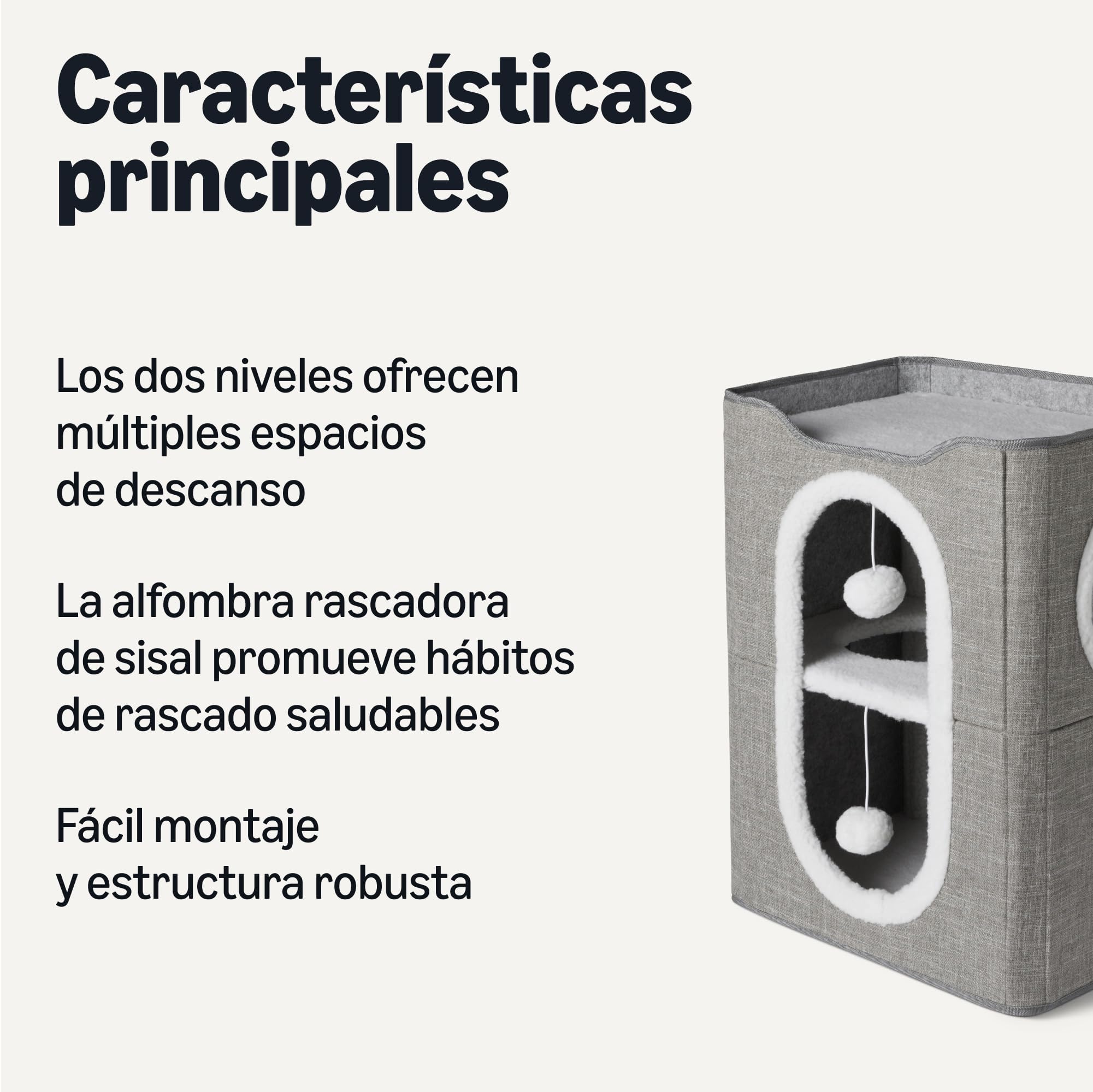 Amazon Basics Casa para Gatos de 2 Pisos para Gatos de Interior, Cueva Cubierta para Gatos con Rascador y Bola Esponjosa, Casas Plegables en Forma de Cubo para Gatos, 43,2 x 35,6 x 57,2 cm, Gris