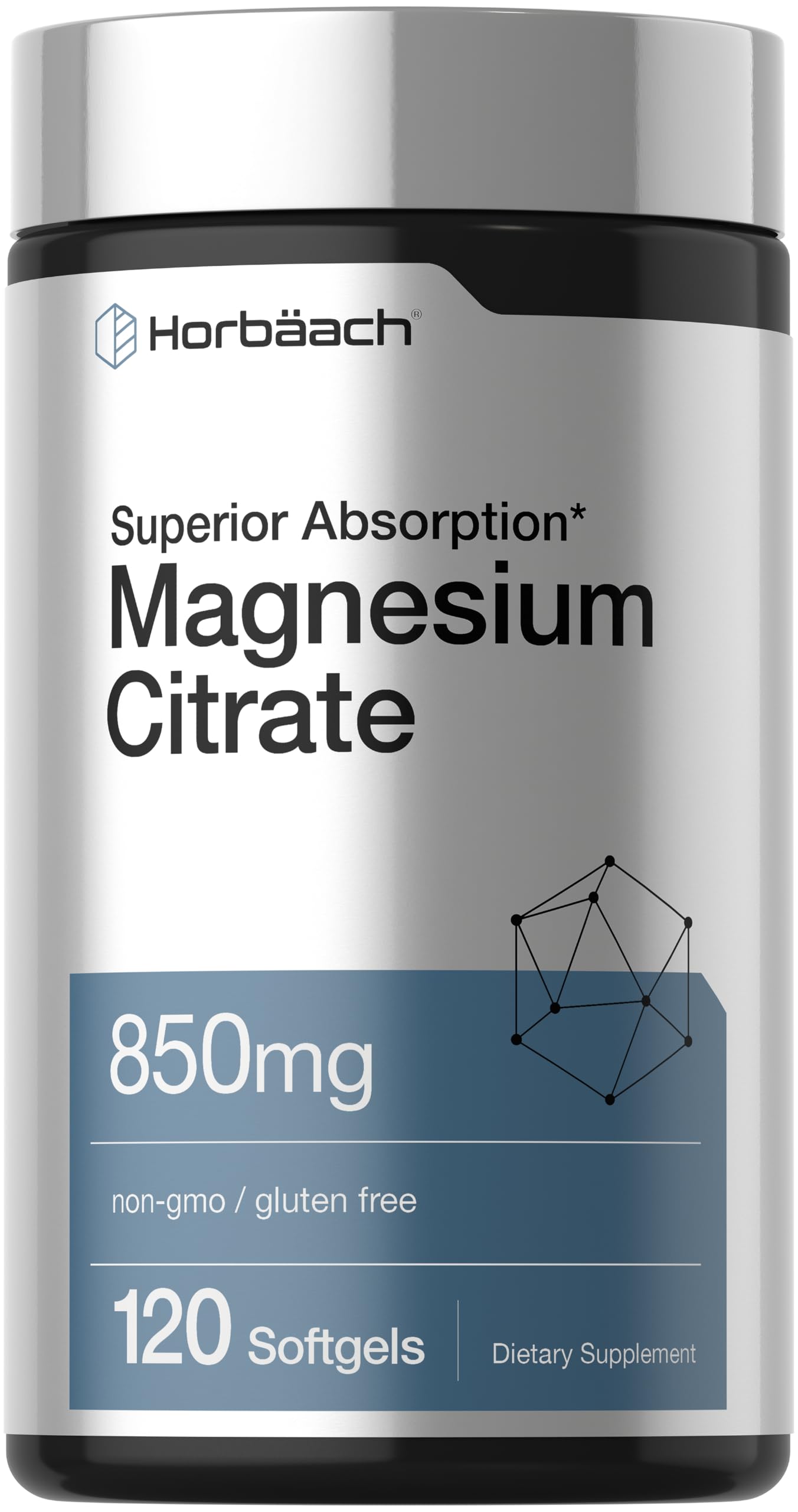 Horbäach Magnesium Citrate | 850mg | 120 Softgels | Superior Absorption
