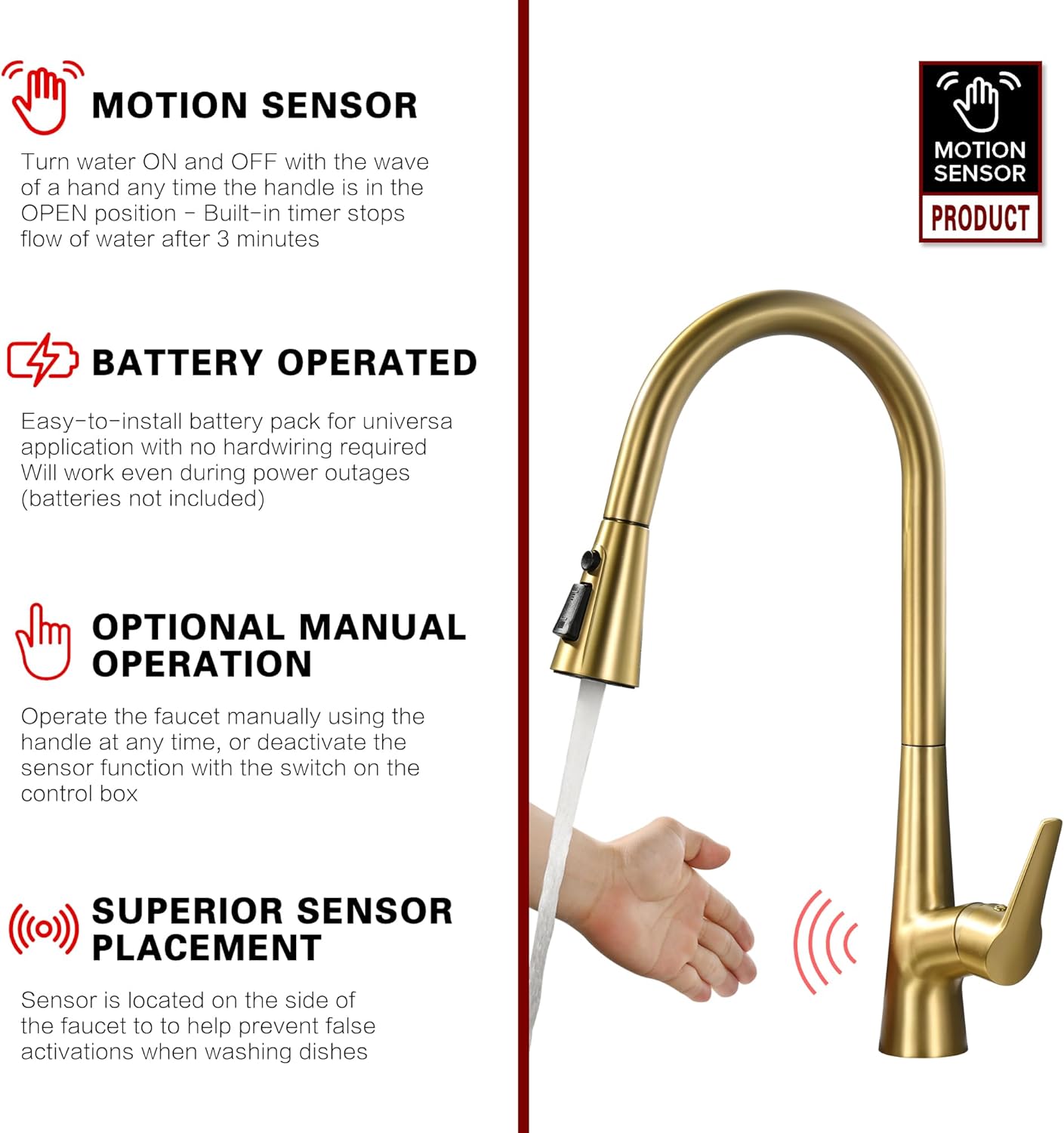 sumerain Touchless Pull Down Kitchen Faucet Brushed Gold Hands-Free Motion Sensor Kitchen Sink Faucet Single Handle