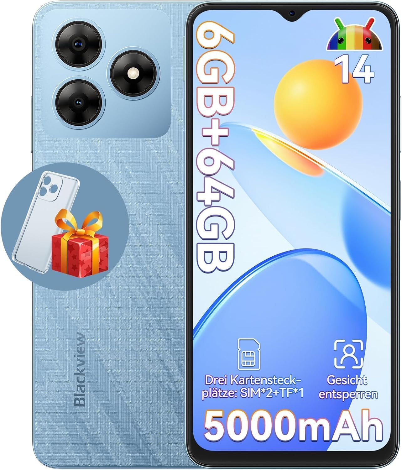 Blackview Wave 8C Téléphone portable 6 Go + 64 Go/TF 2 To Android 14 Smartphone débloqué 4G Dual SIM, Octa Core, écran 6,5 pouces HD+/60 Hz, batterie 5000 mAh, 13 MP + 8 MP, Face ID/GPS/OTG/FM/2 ans de garantie