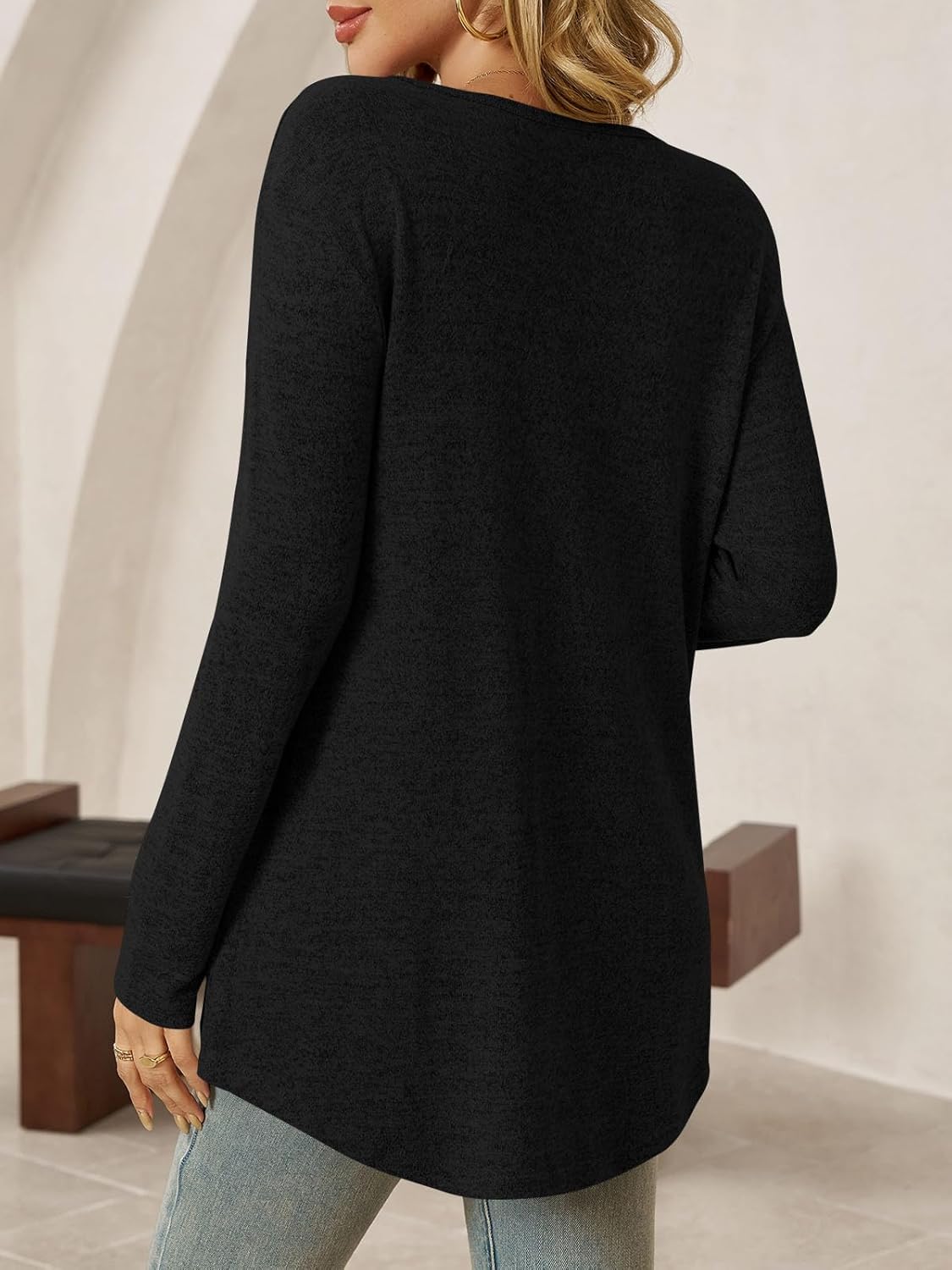 Tankaneo Womens Long Sleeve Tunic Tops V Neck Dressy Casual T-Shirts Loose Fit Curved Hem Blouse Tees - Image 5