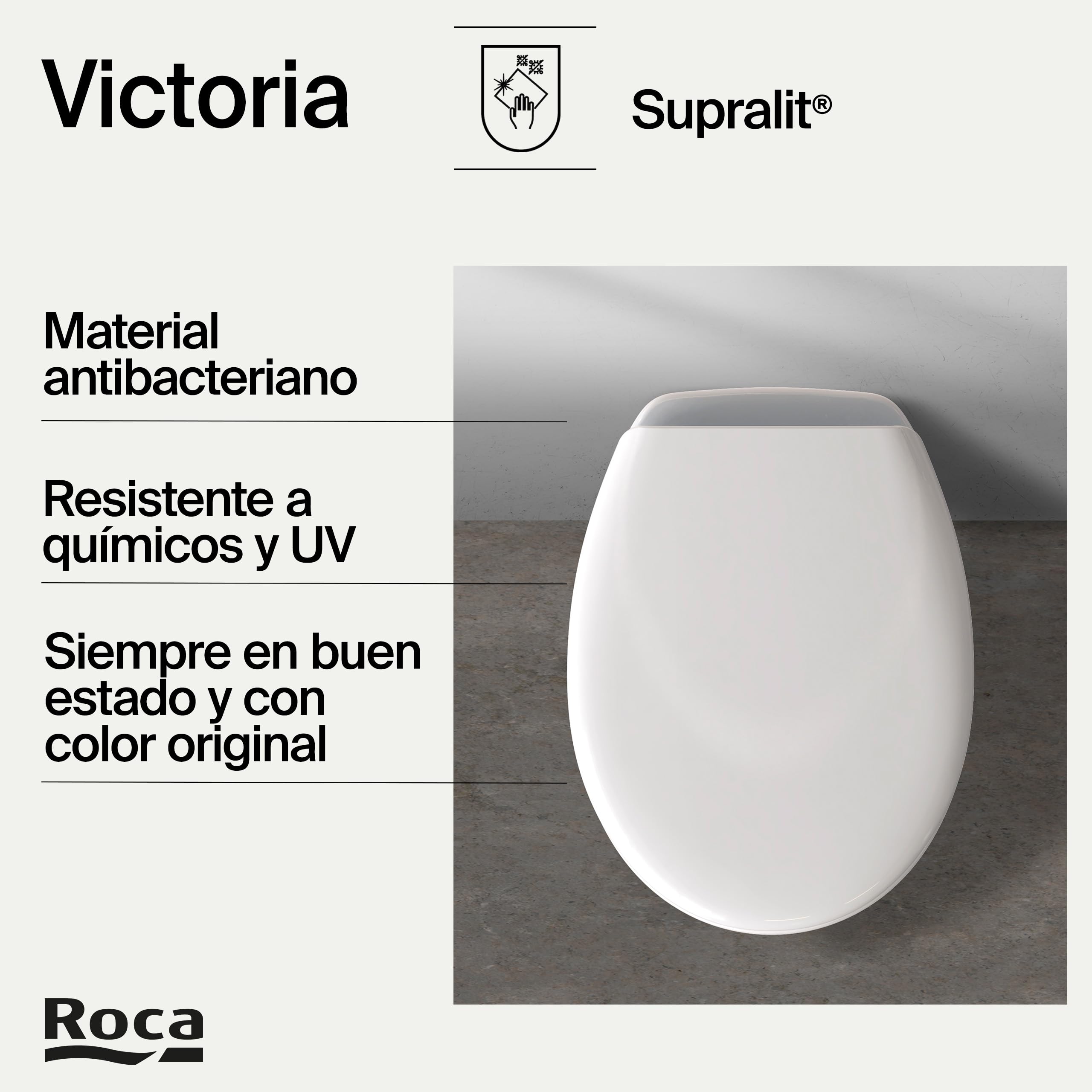 Roca Victoria - Tapa y asiento de Supralit para inodoro con bisagras acetálicas, tapadera de WC original con ajuste perfecto, recambio para tapa de váter resistente, blanco, A801B6600B