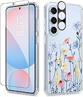Vista 103 de GVIEWIN Funda protectora para Samsung Galaxy S25, transparente floral, delgada, a prueba de golpes, para mujer, no se pone amarilla, con protector