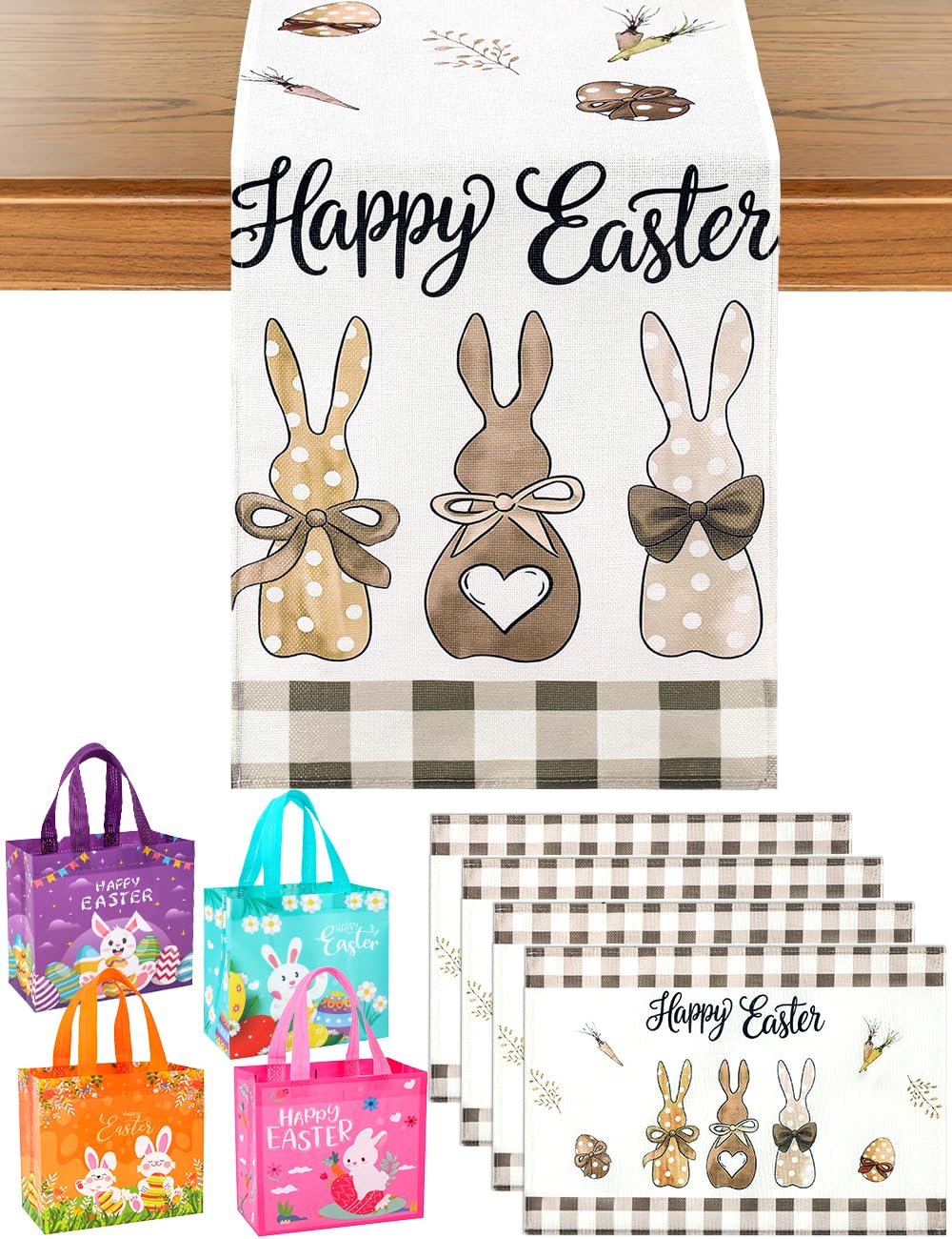 multiwins Easter Table Runner Set with 4 Table Mats & 4 Gift Bags, Carrots Bunny Happy Easter Spring Table Decor, 13x72 Inch Runner & 12"x18" Mats for Dining Kitchen Home Party Indoor Outdoor Decor