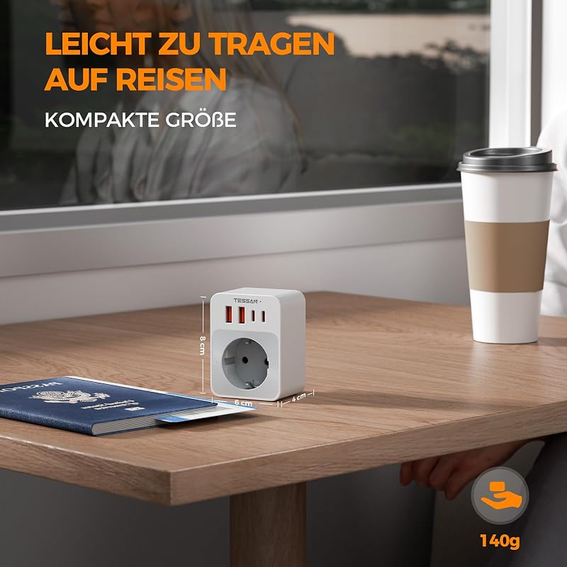 TESSAN 5 az 1-ben utazó adapter összecsukható angol-német típusú aljzat 2 USB-C és 2 USB-A porttal