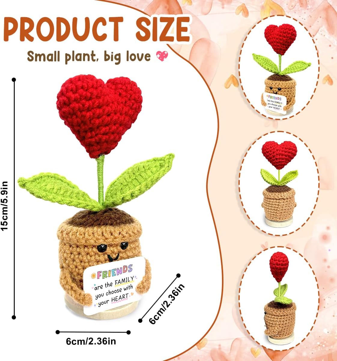Tiny Detalles Cute Crochet Heart Flower, Friendship Cheer Up Gifts for Women on Birthday, Friends are The Family We Choose Positive Crochet, Appreciation Gifts for Coworkers, Friends, Men, Bestie