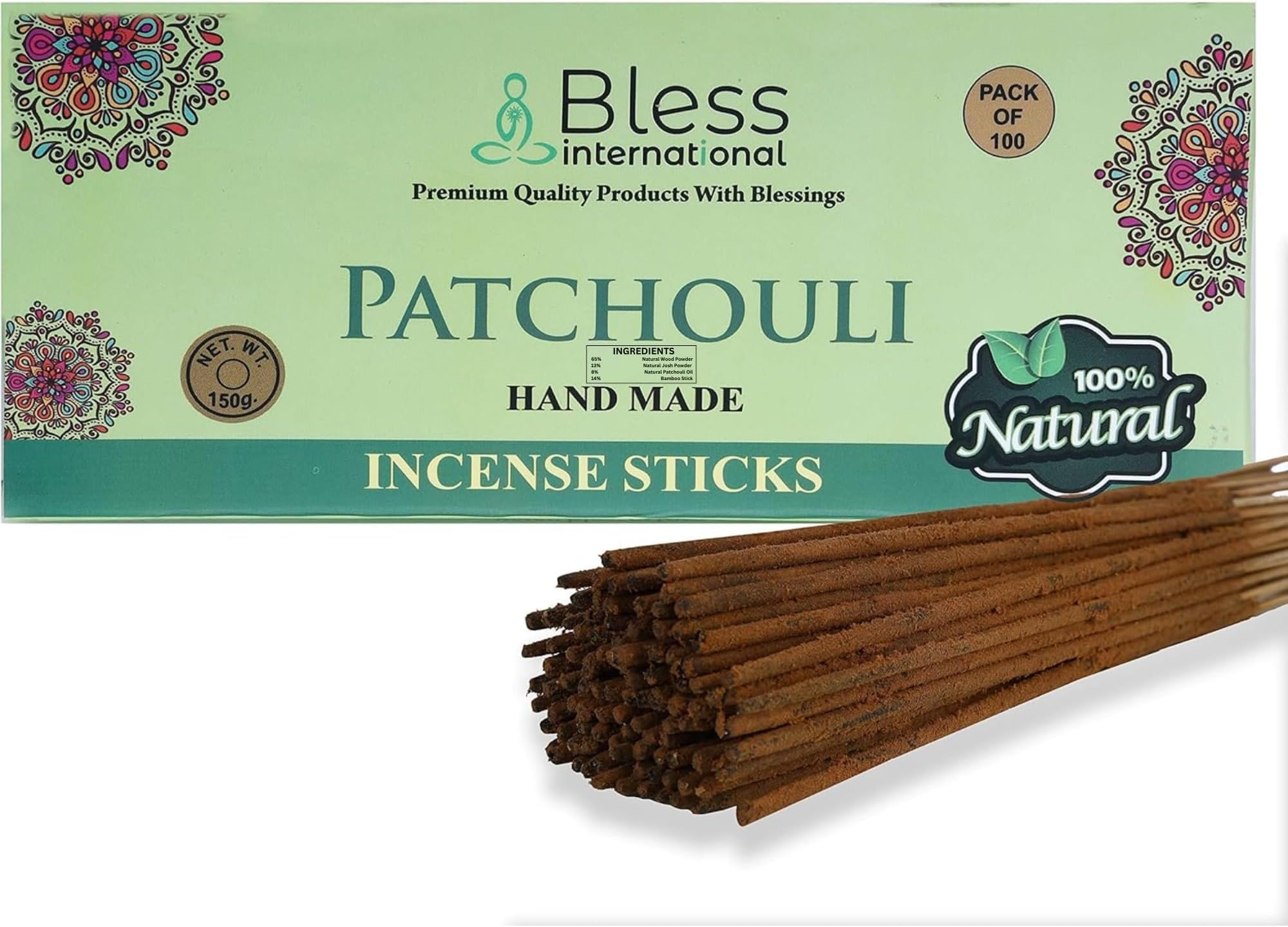 Bless-Patchouli-Incense-Sticks 100%-Natural-Handmade-Hand-Dipped Organic-Chemicals-Free For-Purification-Relaxation-Positivity-Yoga-Meditation The-Best-Woods-Scent (100 Sticks (150GM))