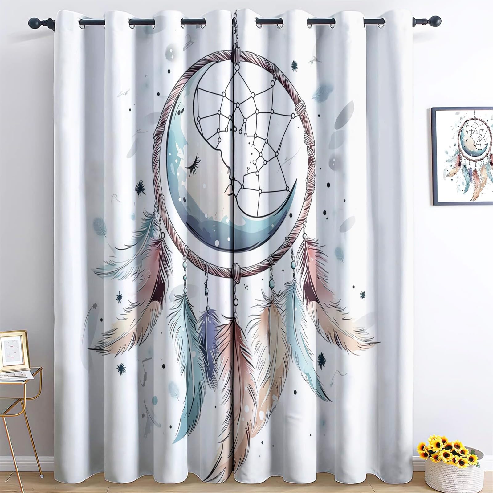 Para zasłony zaciemniające łapacz snów pióro księżyc miękka zasłona termiczna niebieska izolacja do salonu, sypialni i wnętrza 140 x 220 cm (3 panele)