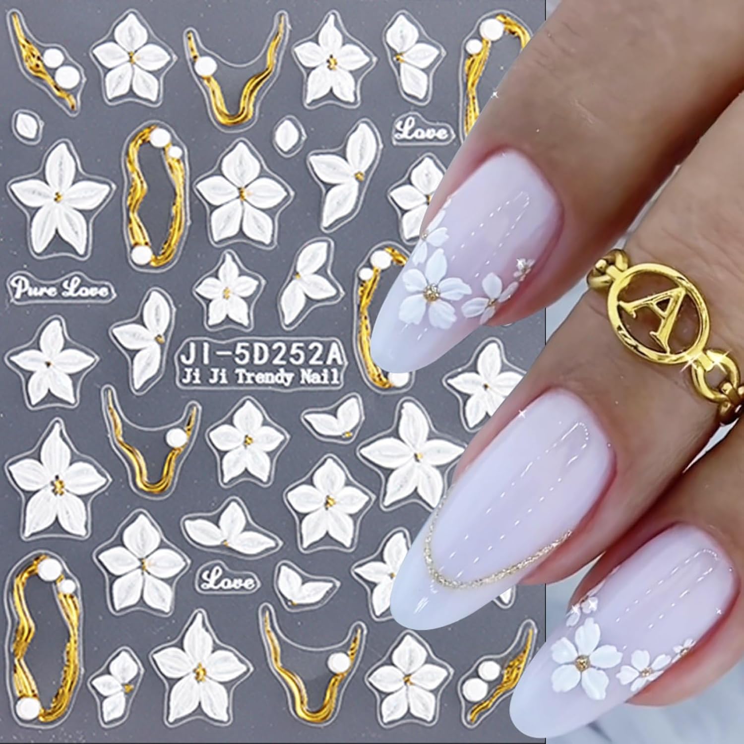 2 Sheets Spring Flower Nail Art Stickers 5D Embossed Nail Deals White Floral Gold Line Nail Design Stickers Cute Spring Nail Supplies Self-Adhesive Summer Nail Accessories for Women Manicure Decor