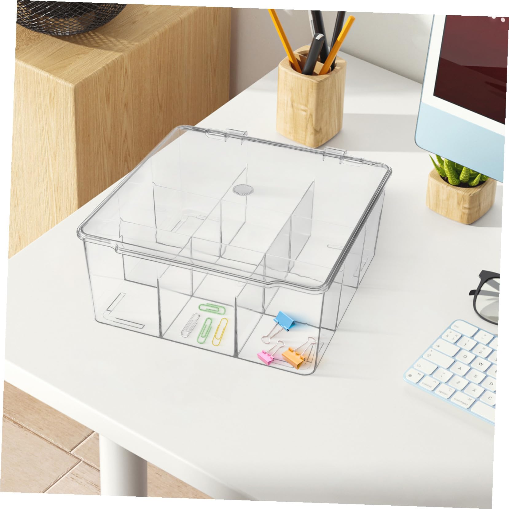 Caja Organizadora con Tapa Segura y 9 Compartimentos Divididos de Plástico para Almacenamiento Pequeño y Organización de Papelería en Casa o Taller