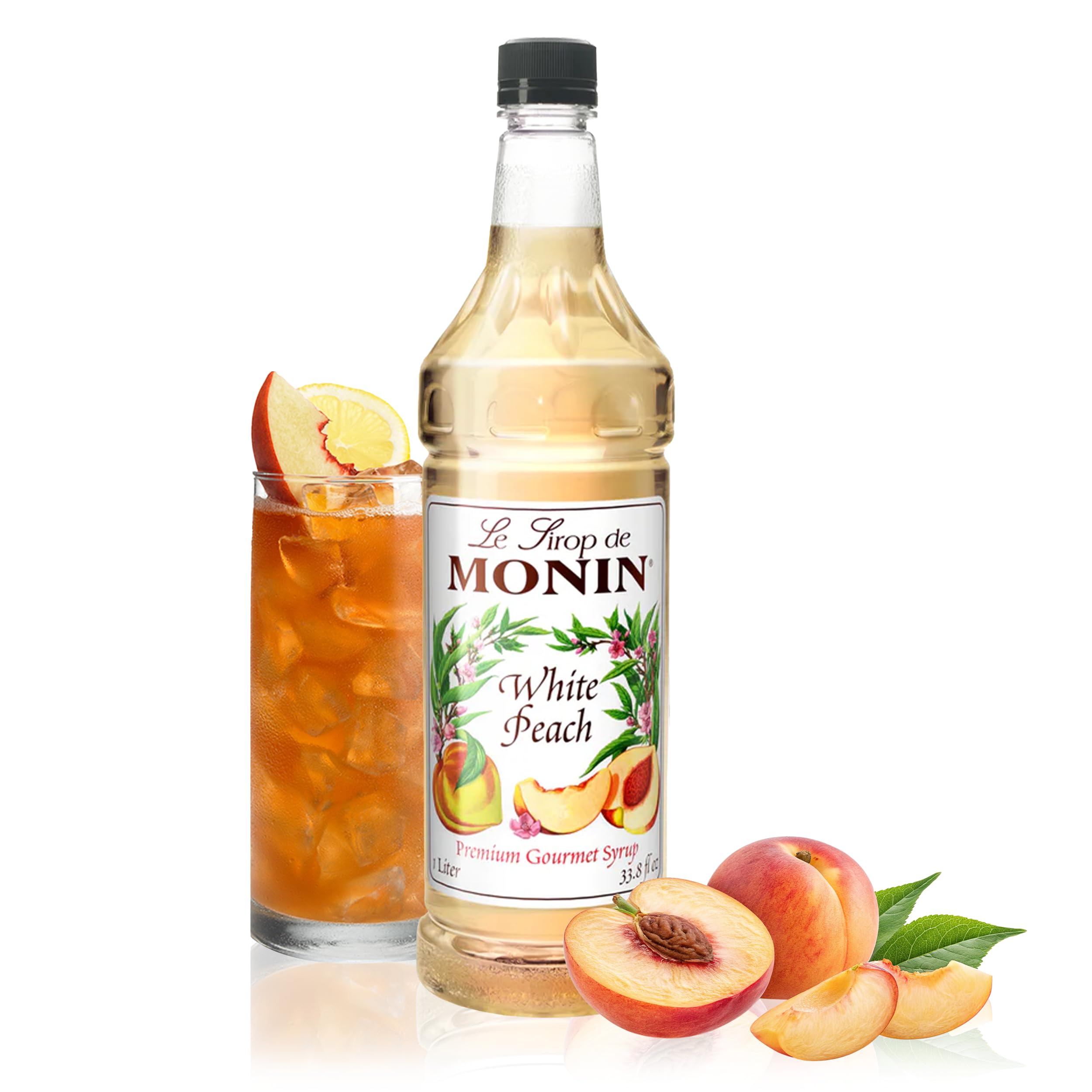 Monin - White Peach Syrup, Juicy Ripe Peach Flavor, Perfect for Cocktails, Mocktails, Iced Teas, & Smoothies, Gluten-Free, Non-GMO (1 Liter)