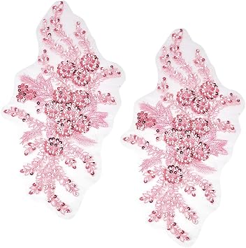 2Pcs 3D Floral Embroidery Applique Polyester Sequin Flower Appliques Pink Beaded Lace Embroidered Sew on Tulle Patches for Sewing Making Crafts Clothes Wedding Bridal Gown Supplies