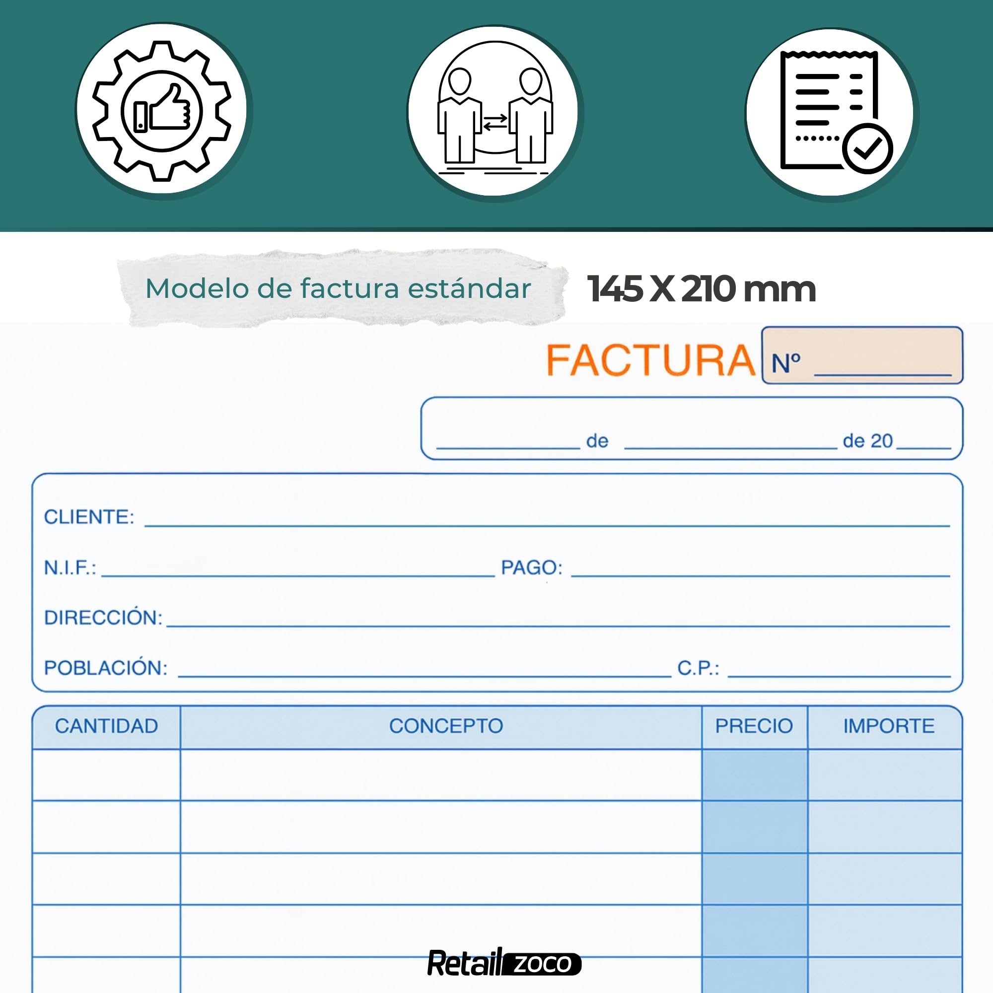 Talonarios facturas, Libreta de Facturas, Talonario para autonomos, 70 hojas, 35 juegos original + copia, autocopiativo, Matriz de corte, Tamaño 210x145 mm, Pack de 6 talonarios - imagen 3