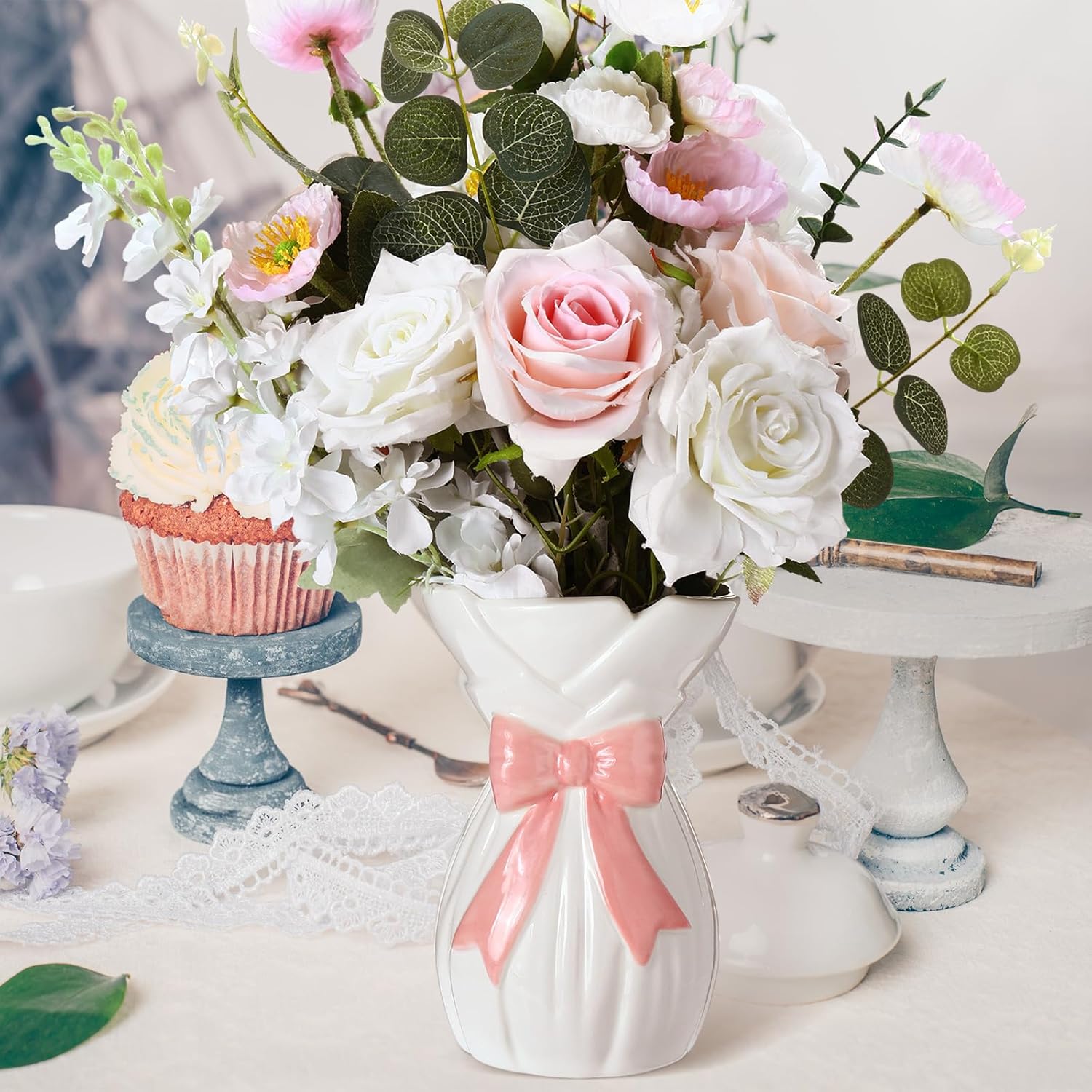 Pink Bow Vase for Home Decor 7.1 Inch Cute Coquette Gifts for Women Girls Shabby Chic Decorative Ceramic Hand Made Vases for Bouquet Flower Modern Aesthetic Living Room Wedding Decor - Image 7