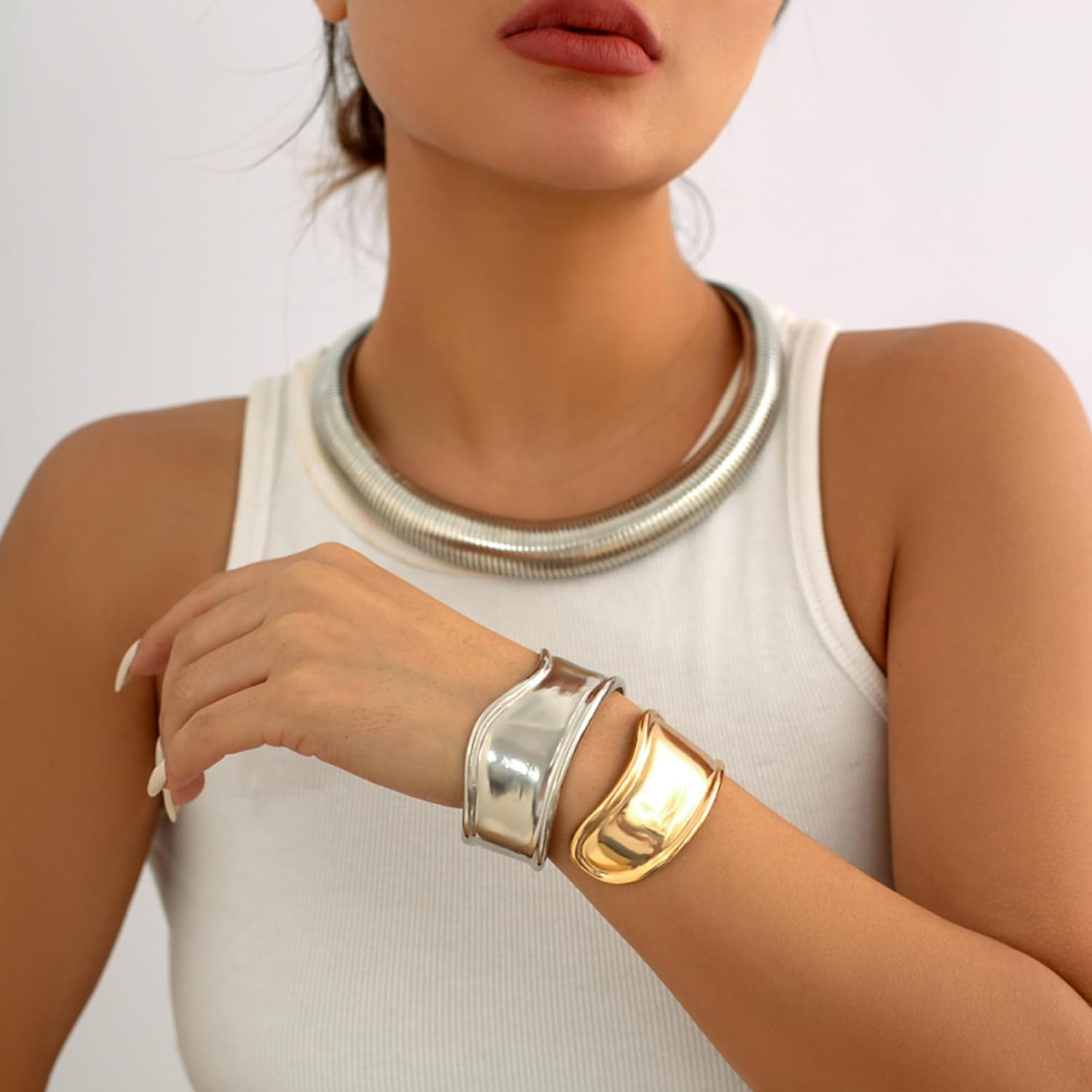 Chunky Gold Layered Statement Necklace for Women, Trendy Gold Plated Twisted Flat Thick Snake Herringbone Chain Choker Necklace Collar Torque Boho Necklaces Party Jewelry Gift - Image 2