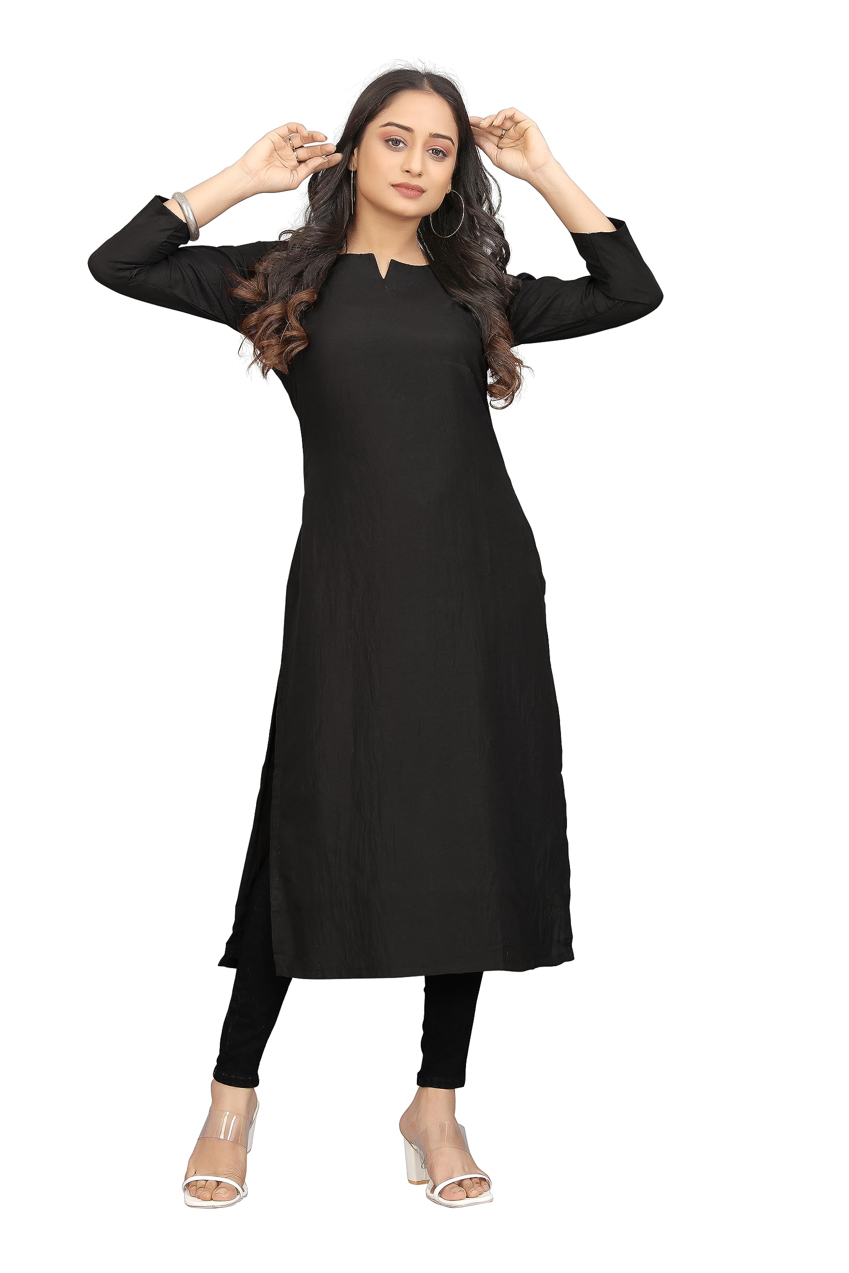 PARI THE FASHION STUDIOWomen's Silk Blend Bold Blossom Regular 3/4th Sleeve, V-Neck Black Color Straight Kurti