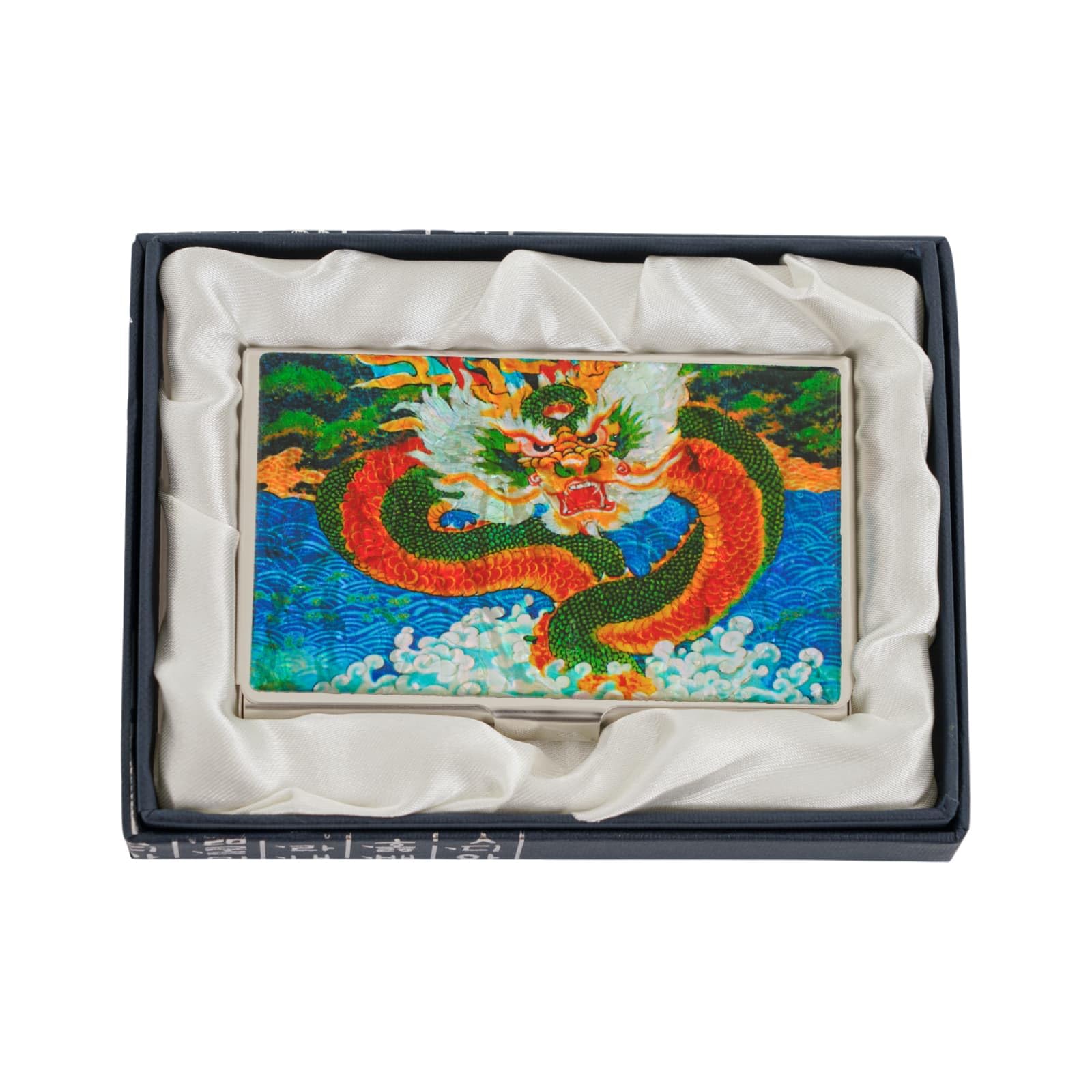 February Mountain Mother of Pearl Business Card Case - Korea Traditional Gifts, Slim Metal Holder for Business &amp; Credit Cards, Pocket-Sized Purse Wallet (Dragon Wave)