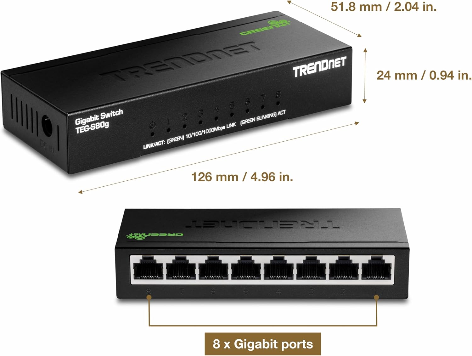 TRENDnet 8-Port Mini Gigabit Switch, TEG-S80g, Ethernet Splitter, NDAA + TAA Compliant, Desktop Metal Ethernet Network Switch, 8 x Gigabit Ports, Fanless, Lifetime Protection, Black
