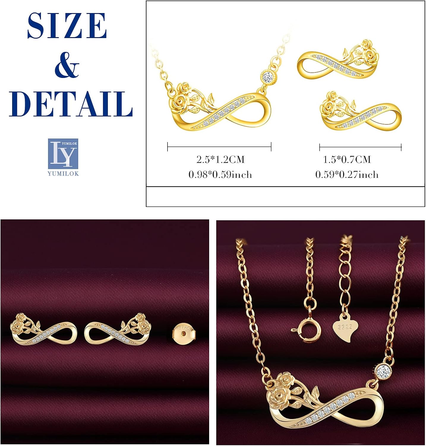 Yumilok Jewelry Sets for Women,925 Sterling Silver Rose Infinity Necklace Earrings Stud Earrings Locket Pendant Necklace Set for Teen Friend Christmas Gifts Gold