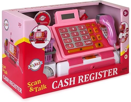 Miniatura 6 de Playkidz Caja registradora interactiva de juguete, color rosa para niñas y niños, sonidos y juego de aprendizaje temprano, incluye dinero para
