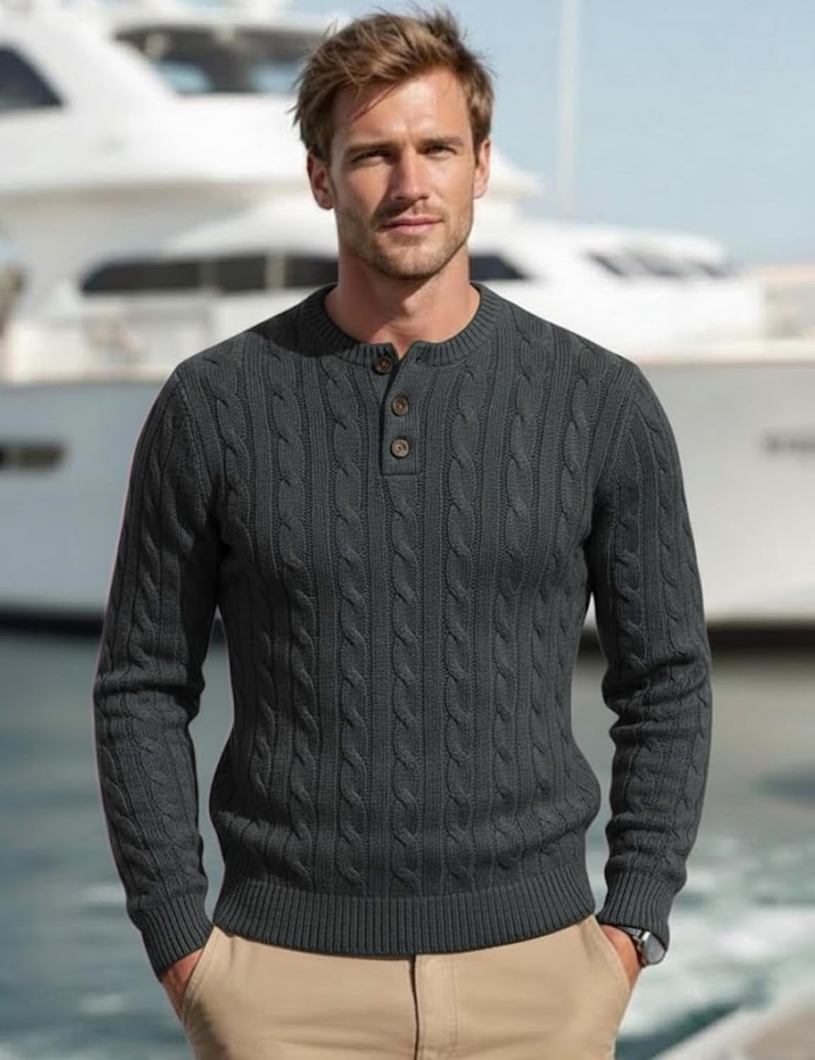 H2H Mens Casual Slim Fit Pullover Sweaters Long Sleeve Cable Knitted Sweater with Button Closure - Image 3