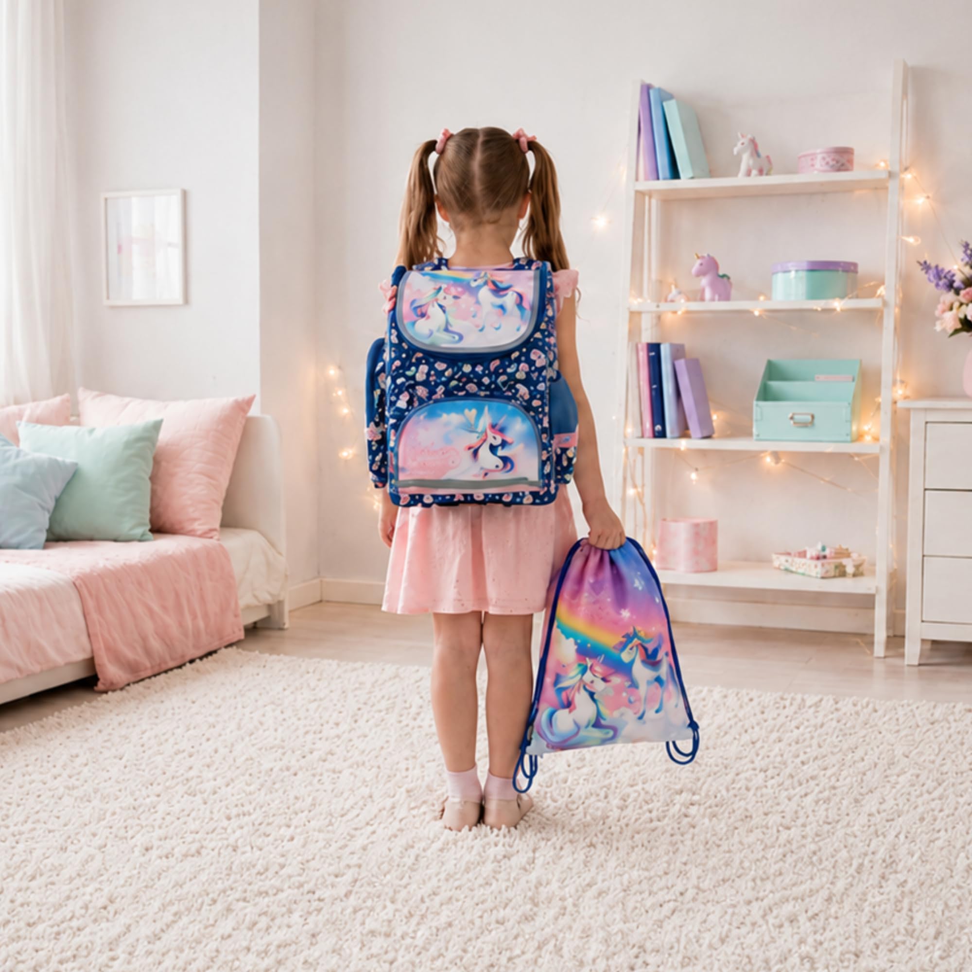 Goldkids - Schulranzen für Jungen und Mädchen, 4er-Set - Schul-Rucksack für Kinder mit Federmäppchen - Schuhbeutel und Hausaufgabenheft - Einhorn Motiv - 1-3 Klasse