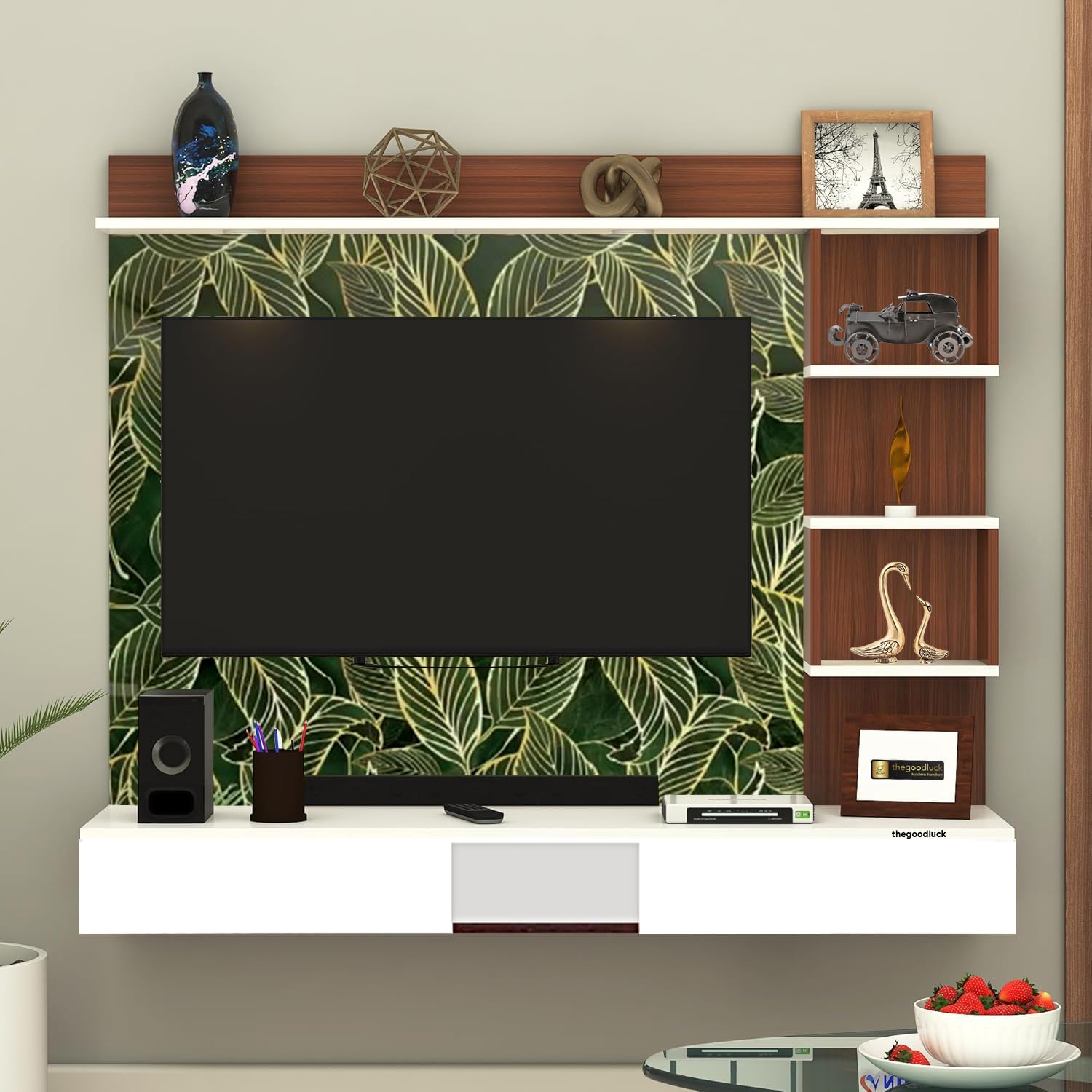 32 to 65 Inches Drawer Pattern Engineered Wood TV Entertainment Unit Set Top Box Stand (Leaf Green, 32-65 Inches, with Fitting)-image-6