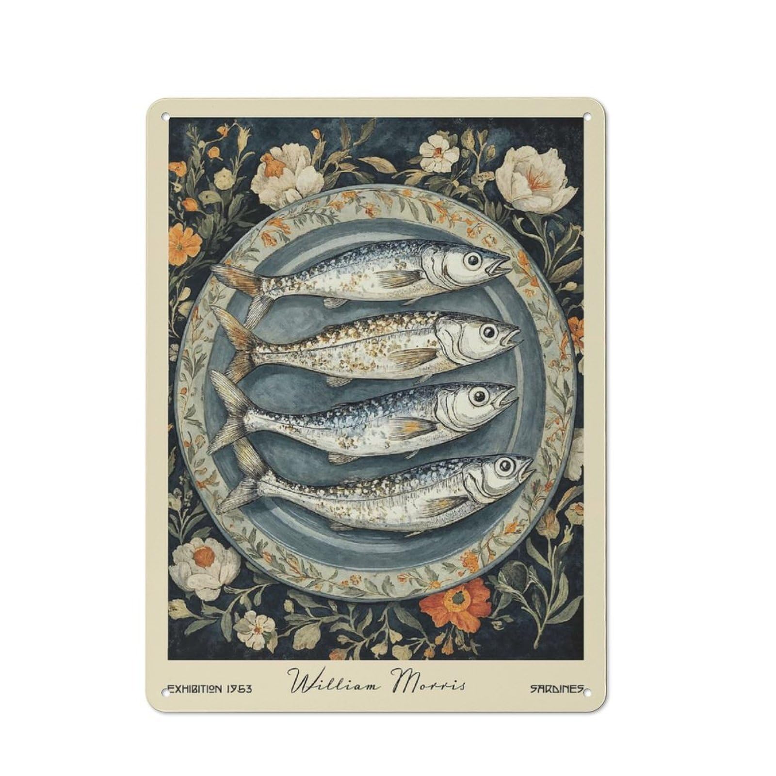 Junmoney Style-24 William Morris Sardines Kitchen Floral Vintage Metal Sign 40X30cm, Rustic Classic Pub Decor For Bar, Kitchen, Garage Or Games Room