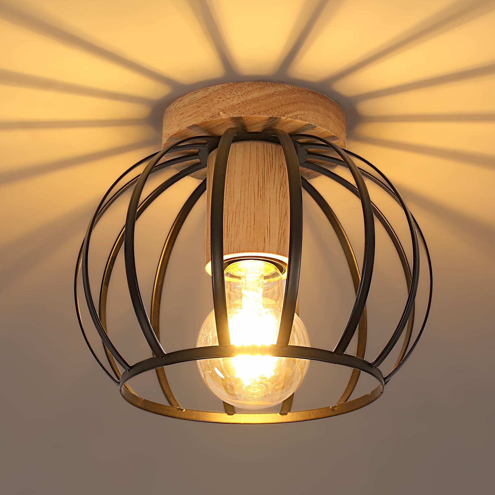 Goeco Ceiling Light Black, E27 Lamp Holder, Industrial Lampshade in the Shape of a Metal Cage with Wooden Base, Ceiling Light Vintage for Hallway, Balcony and Dining Room, Diameter 19 cm